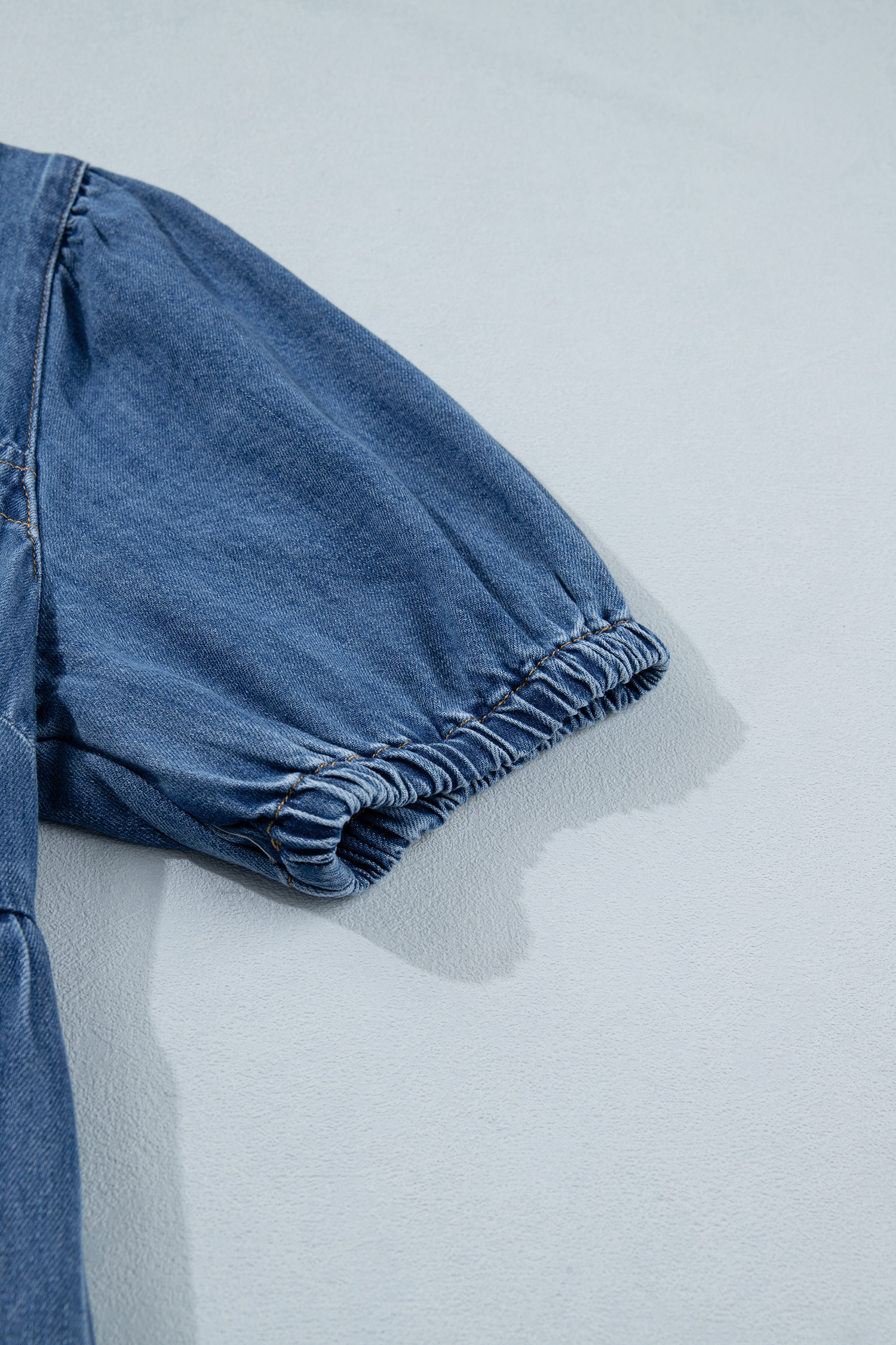 Prussian Blue Button Square Neck Short Puff Sleeve Denim Mini Dress view 16