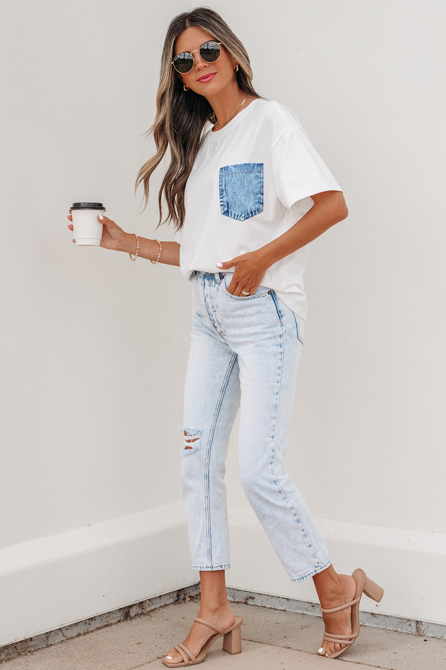 White Color Block Chest Pocket Patched Casual Short Sleeve Top view 9