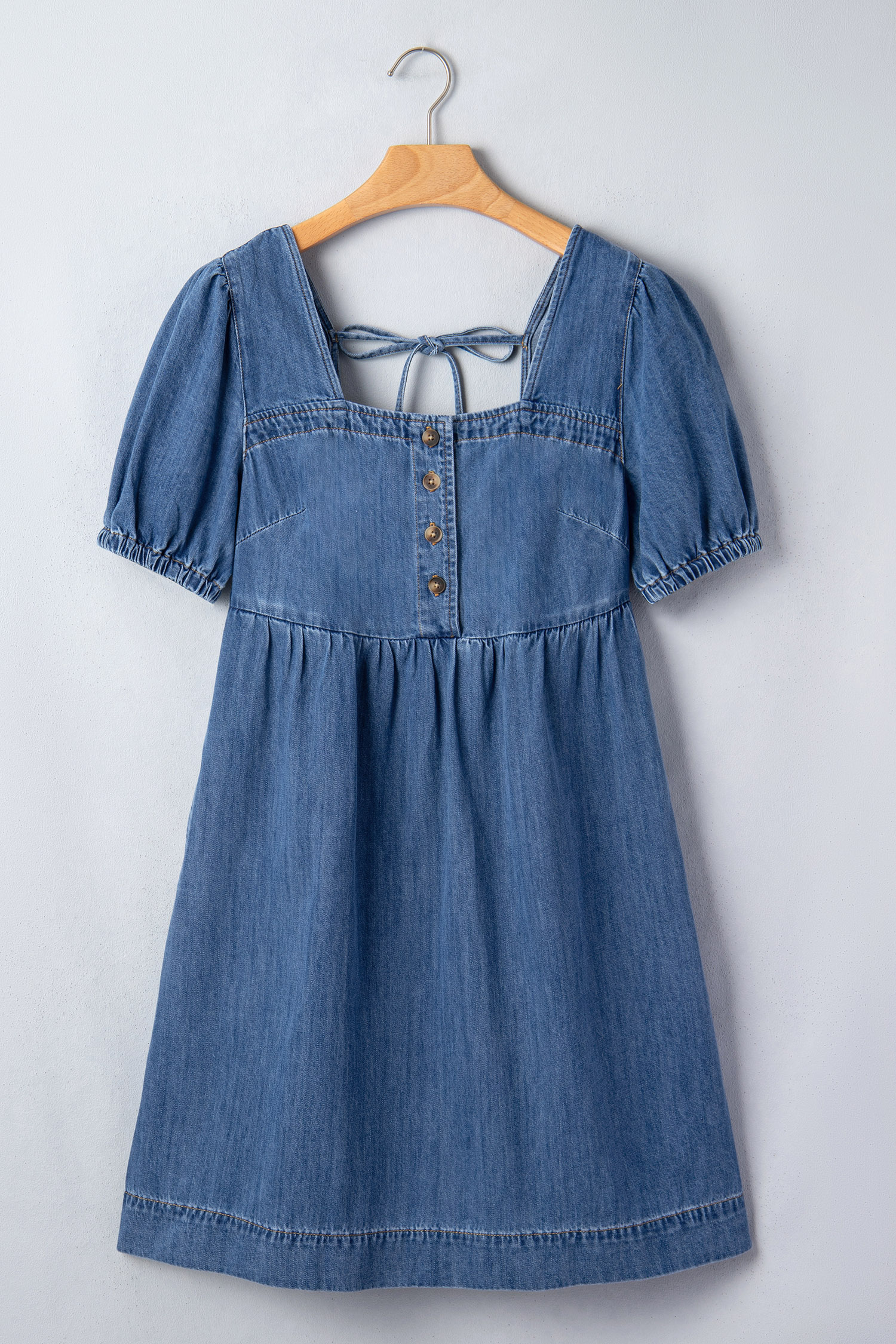Prussian Blue Button Square Neck Short Puff Sleeve Denim Mini Dress view 11