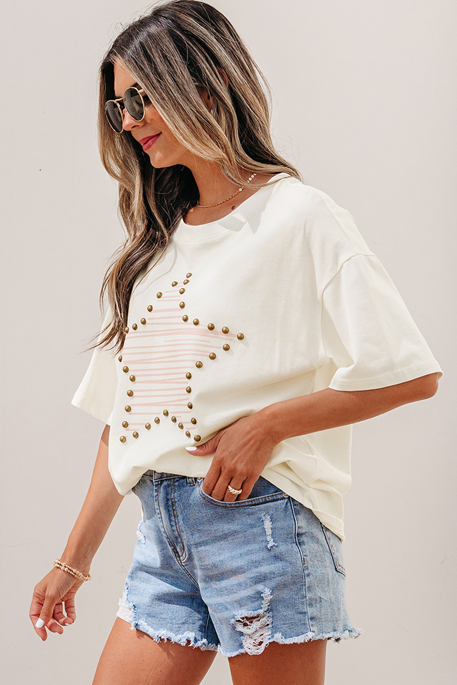 Beige Star Print Stud Detail Cotton Jersey Top view 6
