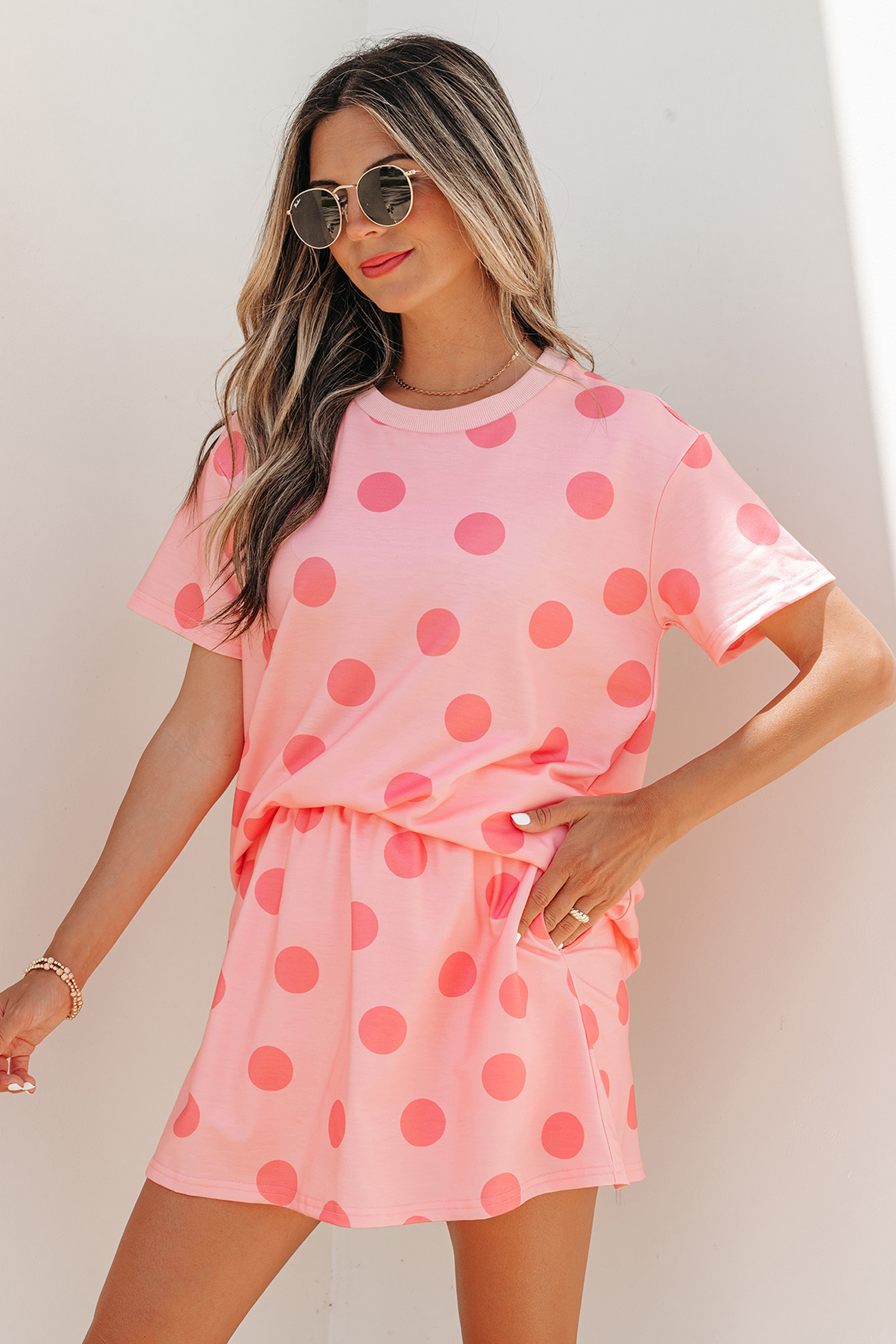Pink Polka Dot Short Sleeve Top Casual Skort 2pcs Outfit view 3