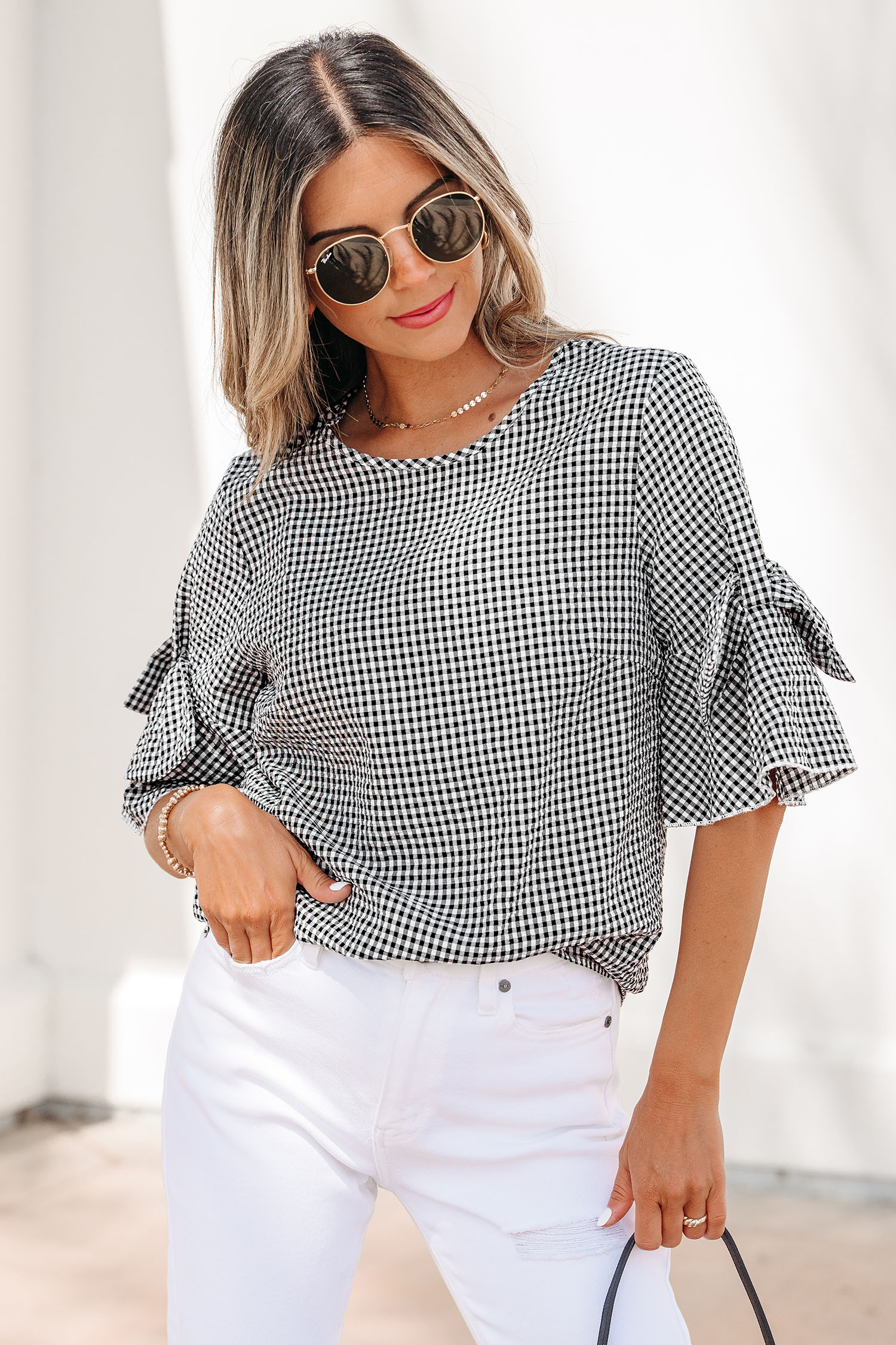 Black Plaid Bow Ruffled Half Sleeve Round Neck Blouse view 5
