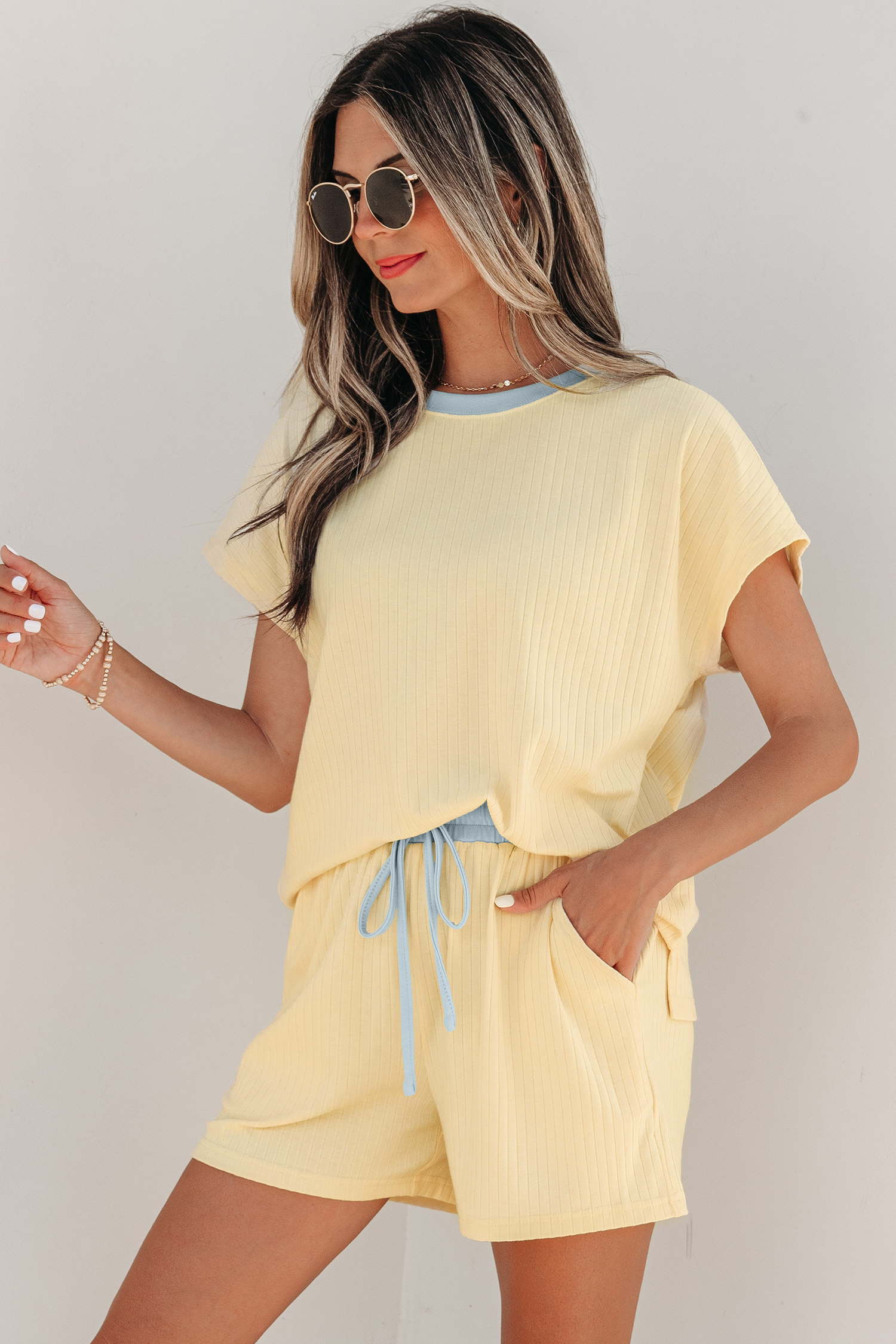Yellow Cream Soft Ribbed Color Block Trim Casual Short Set view 5