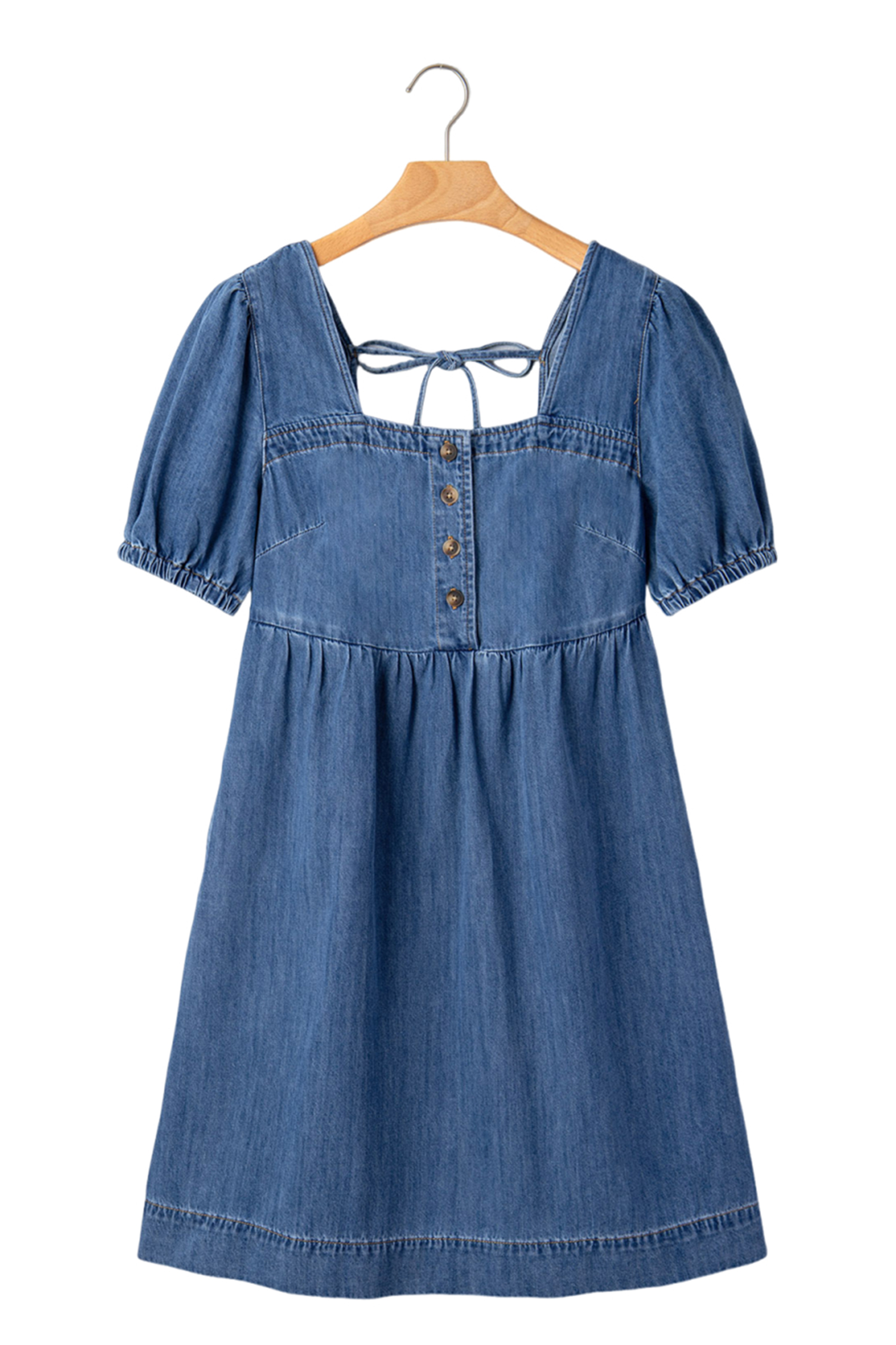 Prussian Blue Button Square Neck Short Puff Sleeve Denim Mini Dress view 22