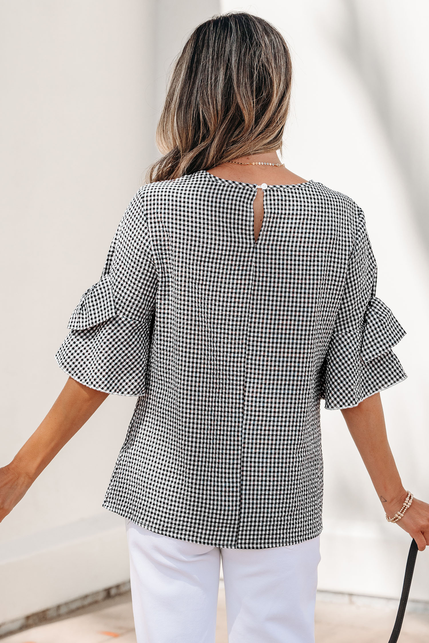 Black Plaid Bow Ruffled Half Sleeve Round Neck Blouse view 2