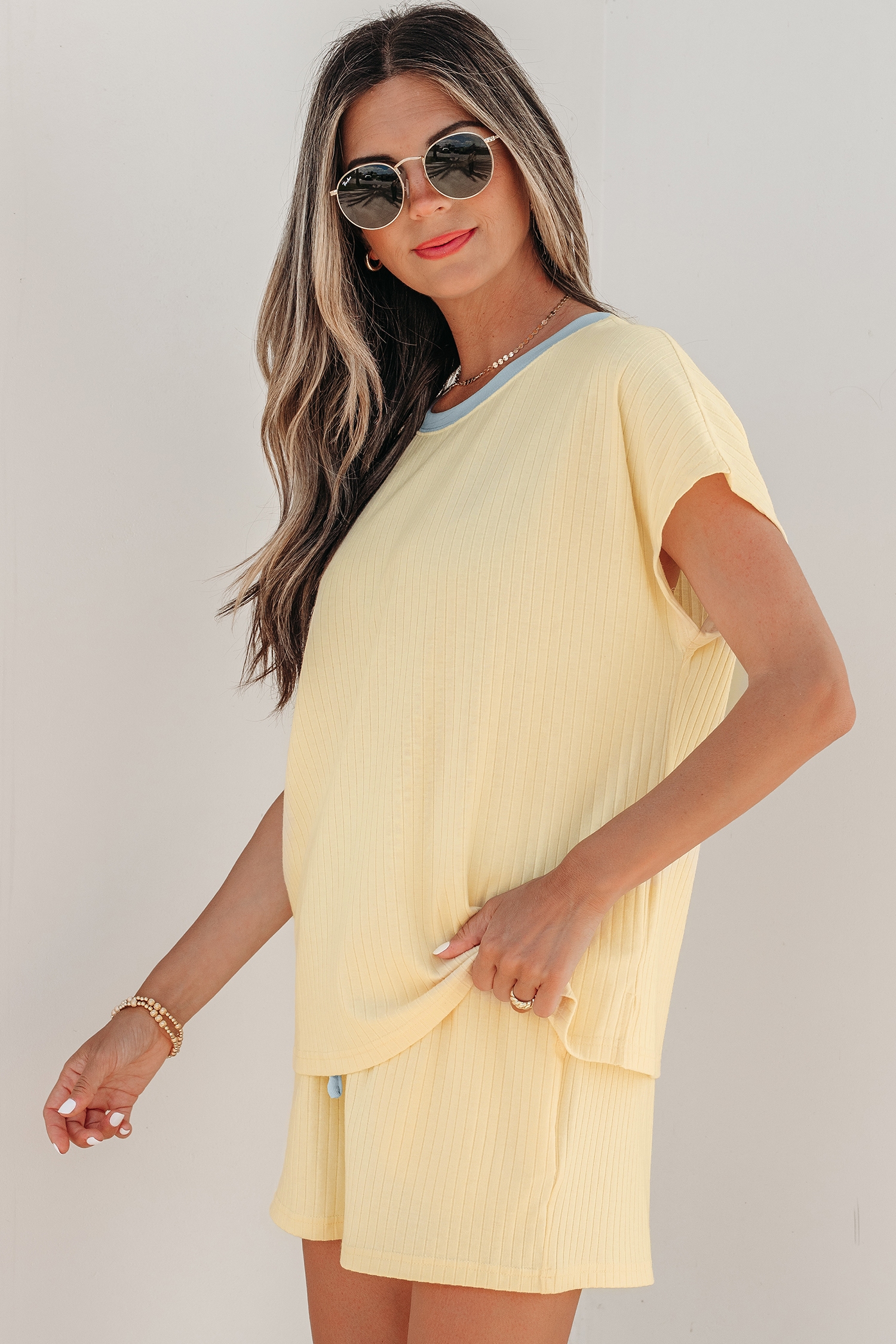 Yellow Cream Soft Ribbed Color Block Trim Casual Short Set view 3
