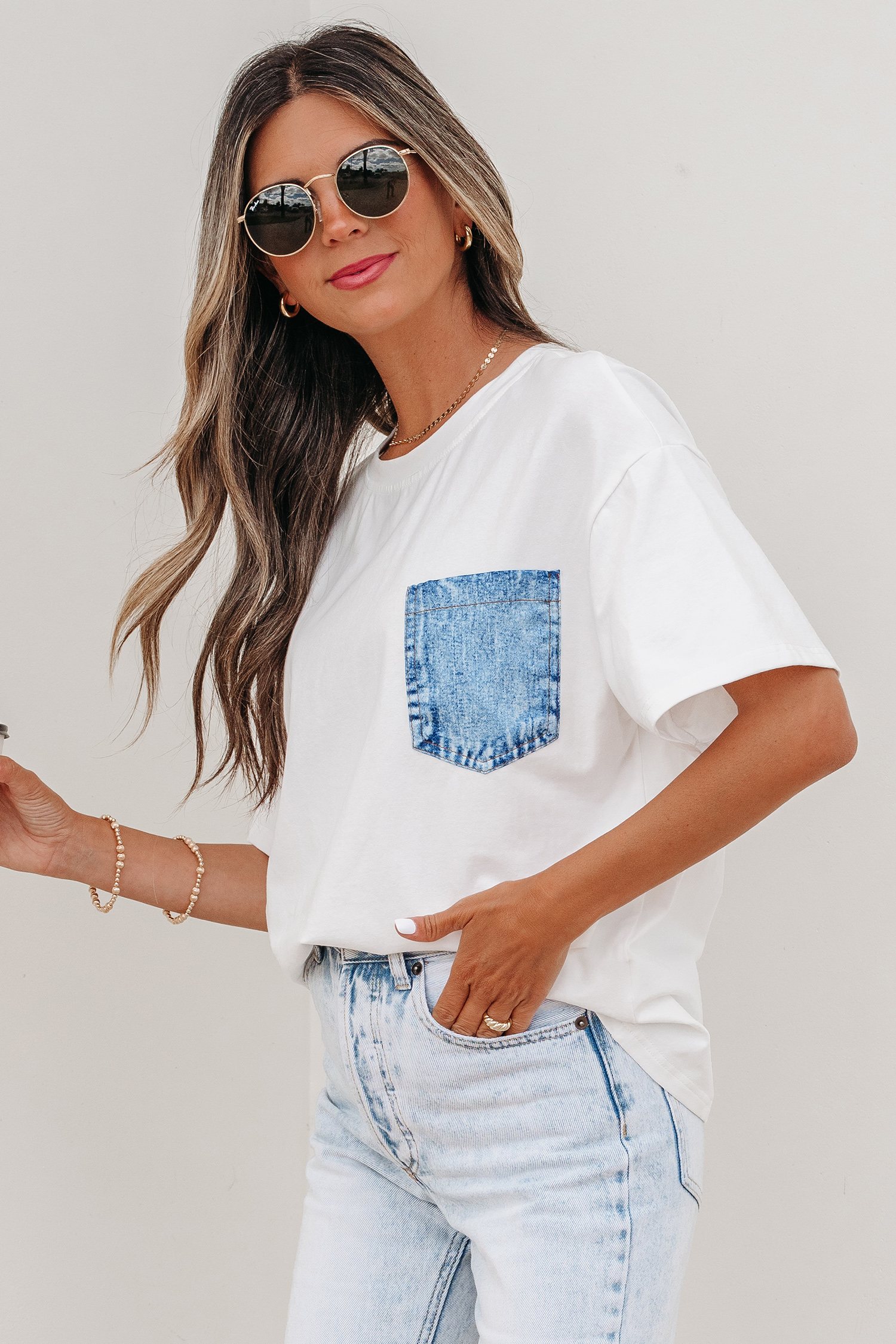 White Color Block Chest Pocket Patched Casual Short Sleeve Top view 7