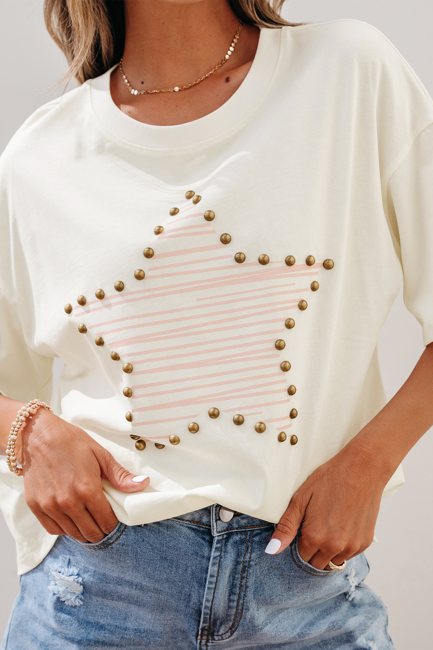 Beige Star Print Stud Detail Cotton Jersey Top view 9