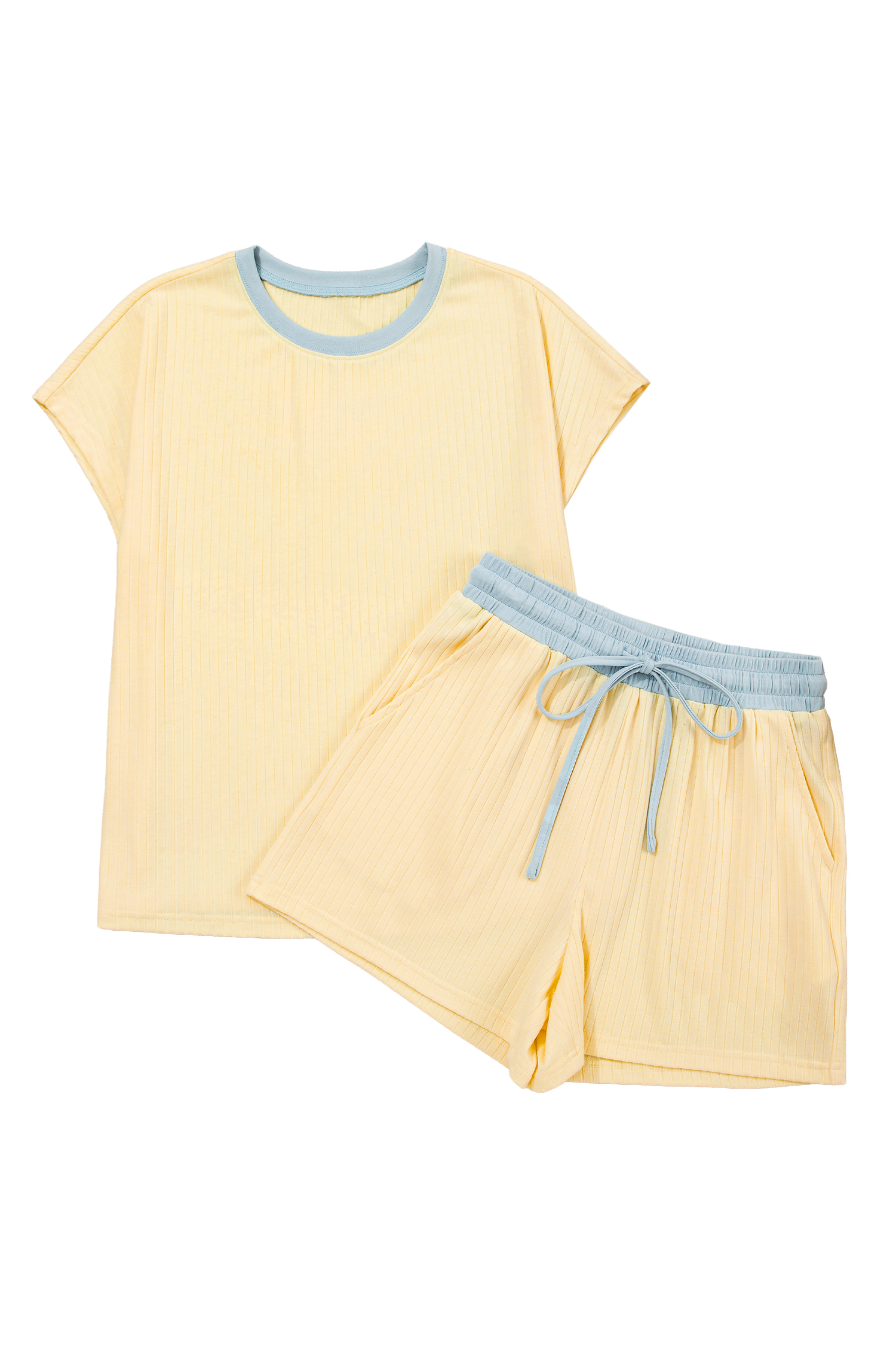 Yellow Cream Soft Ribbed Color Block Trim Casual Short Set view 21