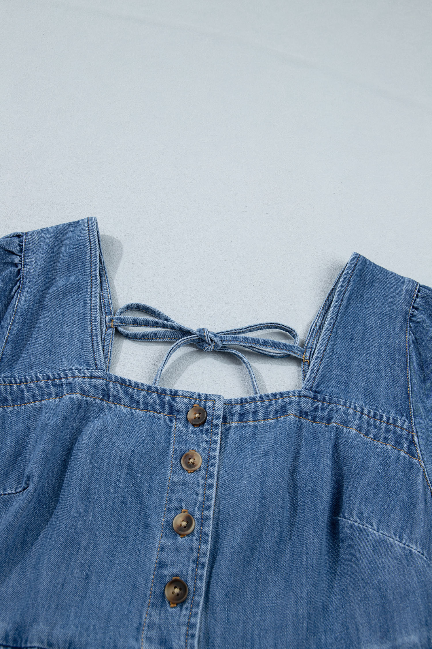 Prussian Blue Button Square Neck Short Puff Sleeve Denim Mini Dress view 14