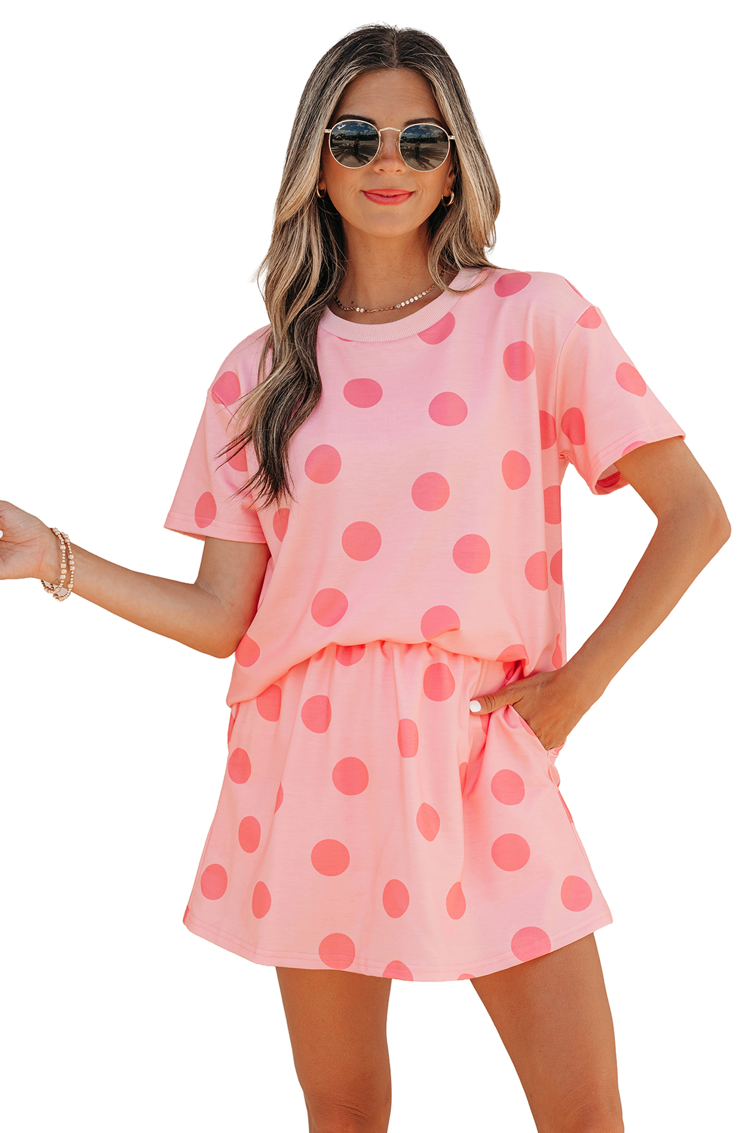 Pink Polka Dot Short Sleeve Top Casual Skort 2pcs Outfit view 22