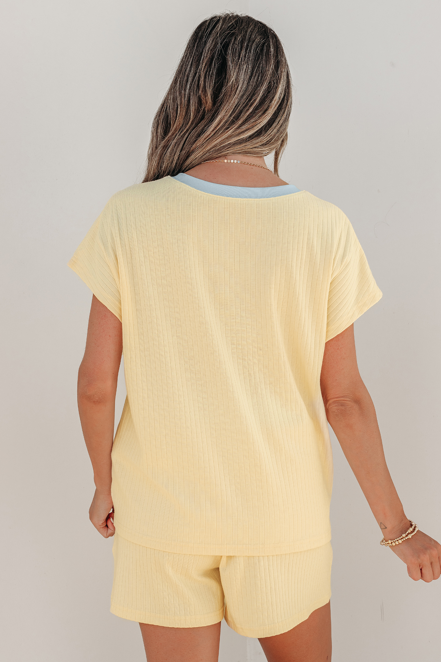 Yellow Cream Soft Ribbed Color Block Trim Casual Short Set view 2