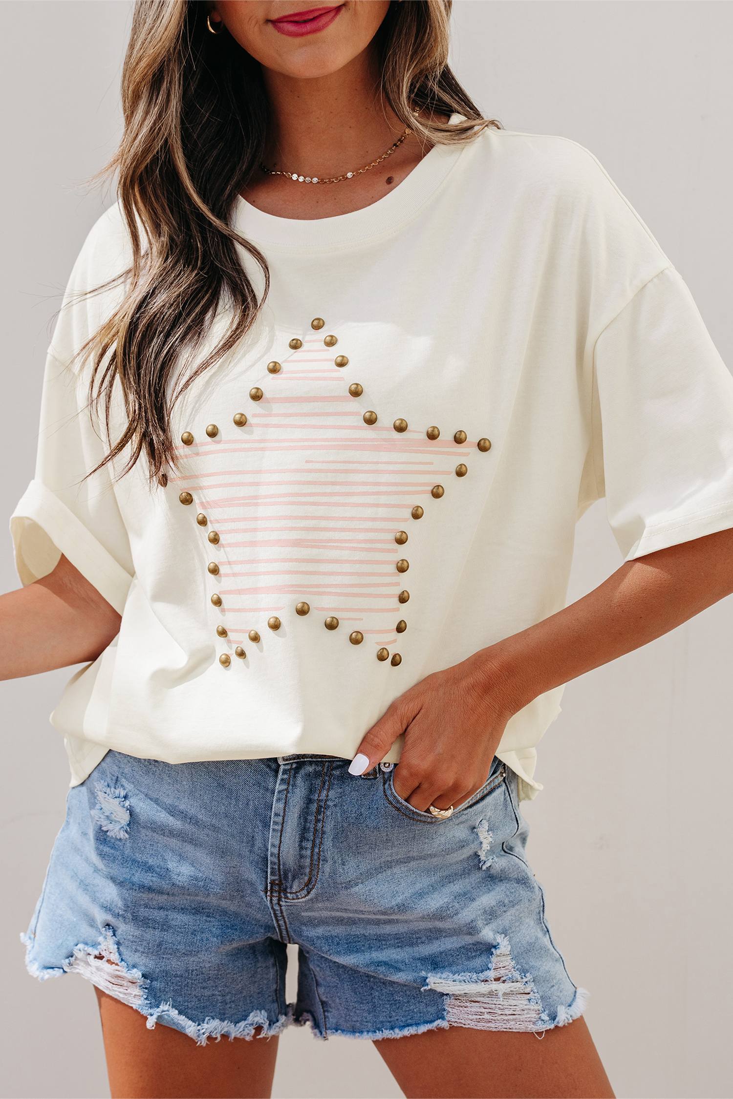 Beige Star Print Stud Detail Cotton Jersey Top view 10