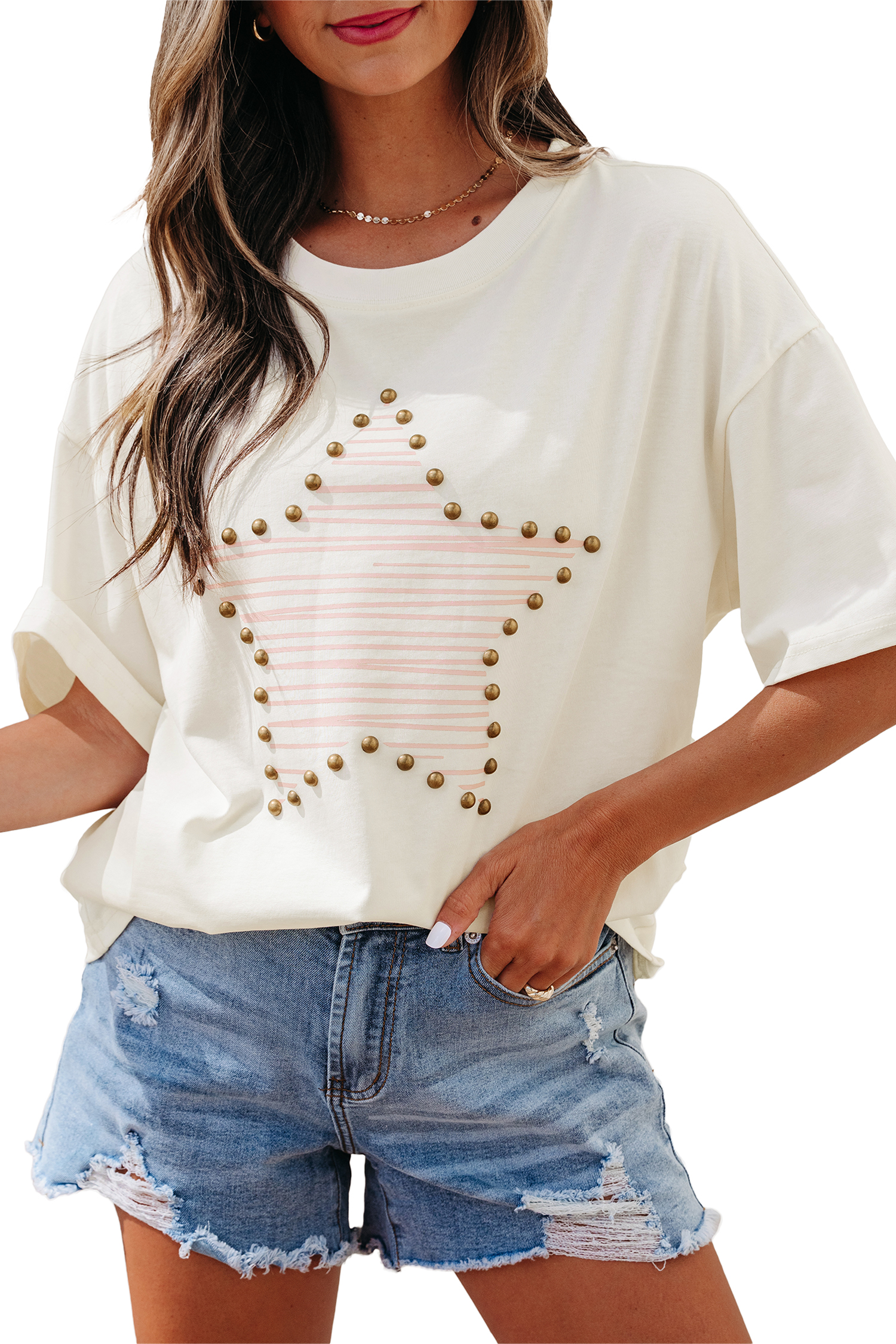 Beige Star Print Stud Detail Cotton Jersey Top view 20