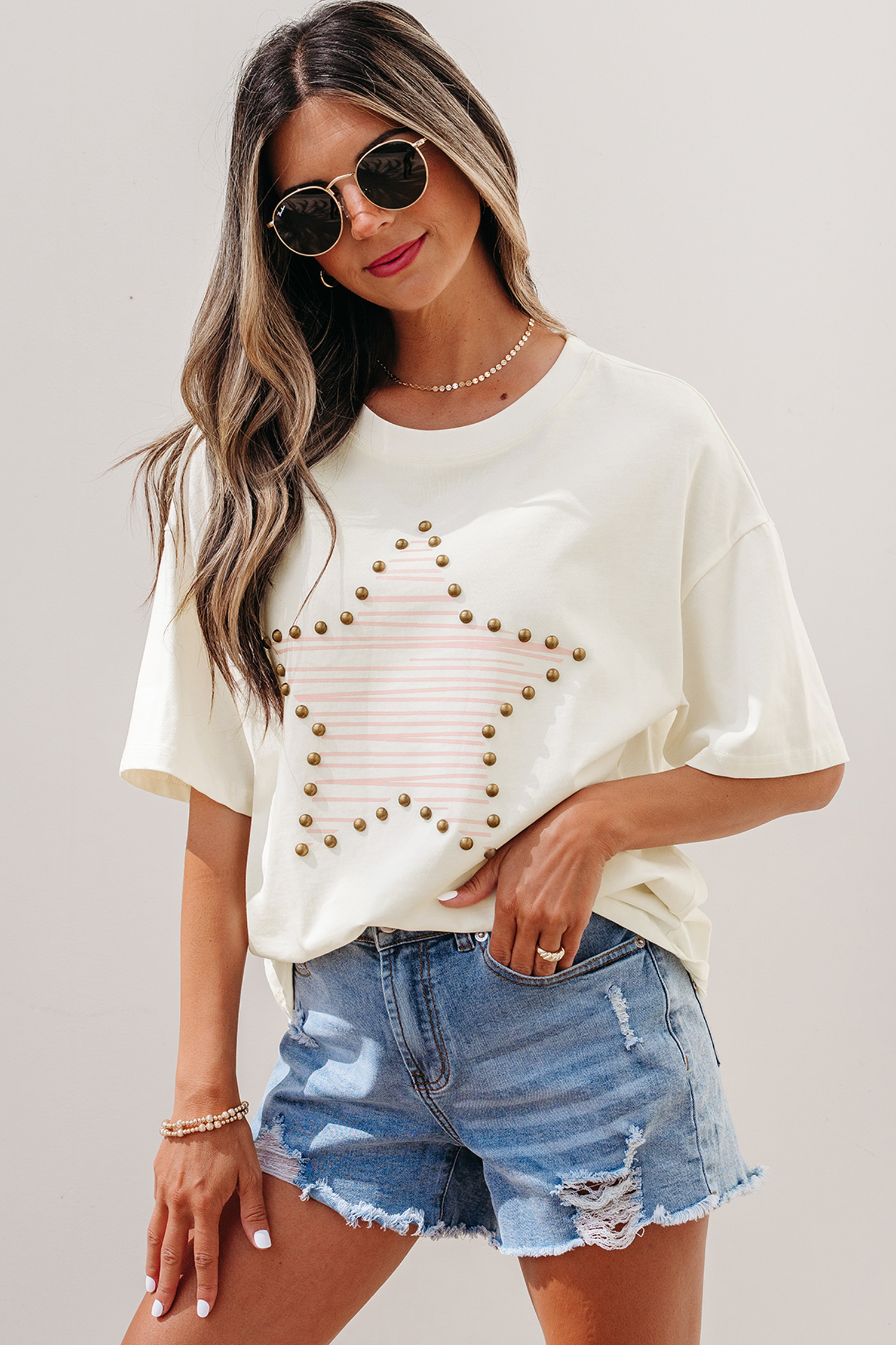 Beige Star Print Stud Detail Cotton Jersey Top view 4