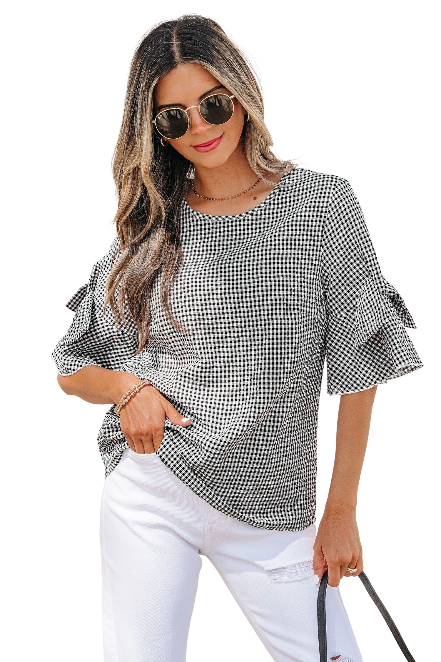Black Plaid Bow Ruffled Half Sleeve Round Neck Blouse view 24