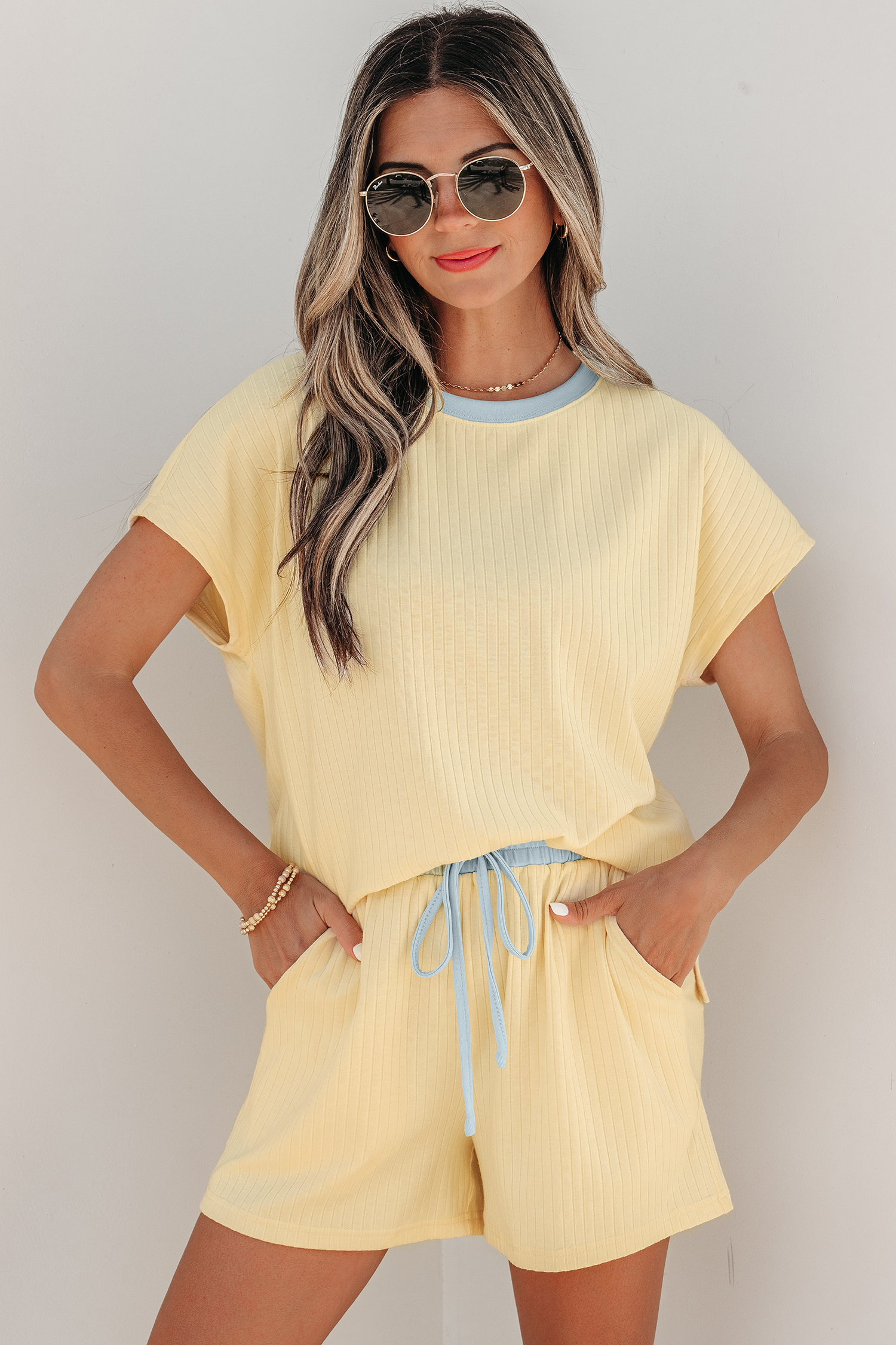 Yellow Cream Soft Ribbed Color Block Trim Casual Short Set view 6