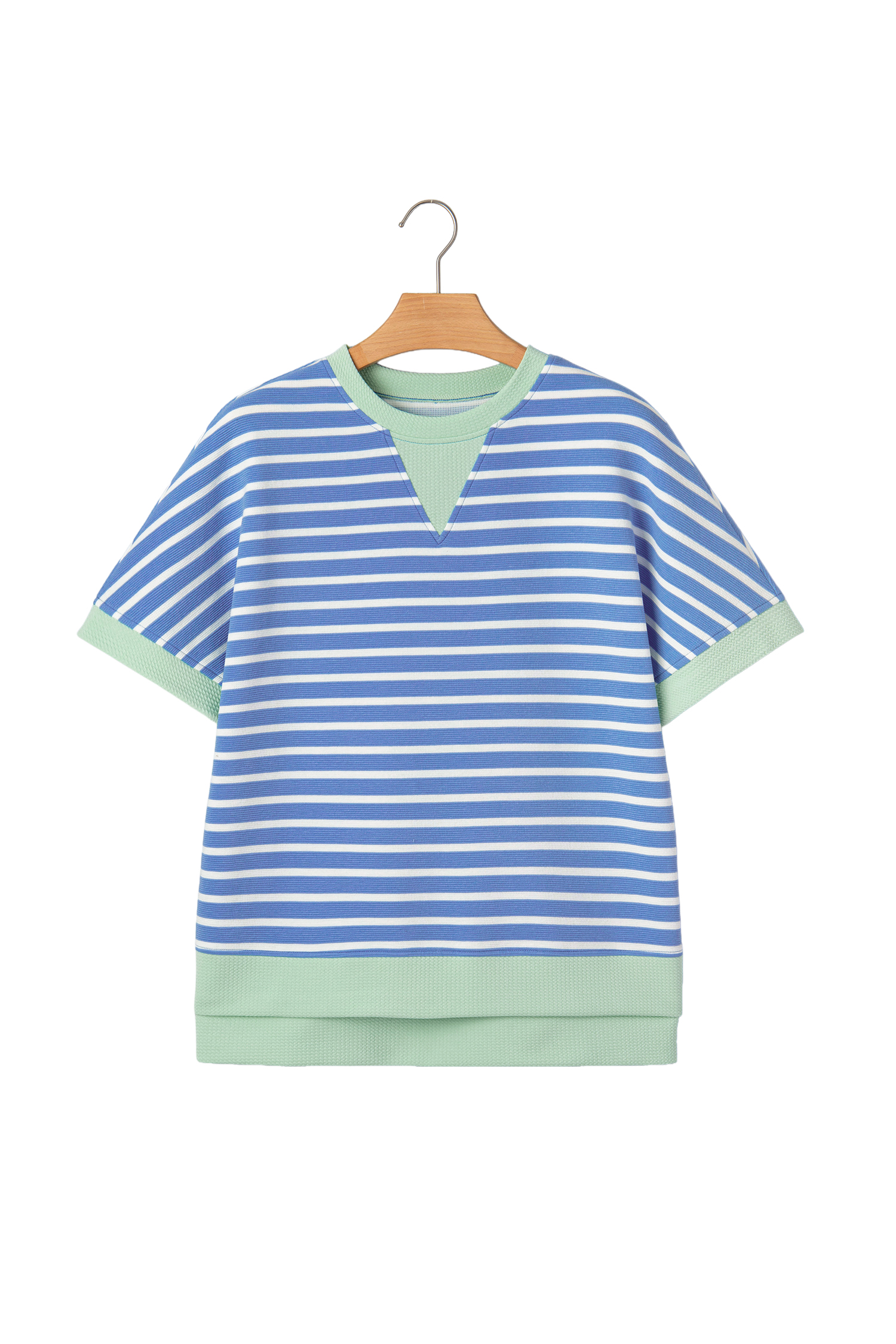 Sky Blue Stripe Contrast Trim Loose Short Sleeve Top view 21