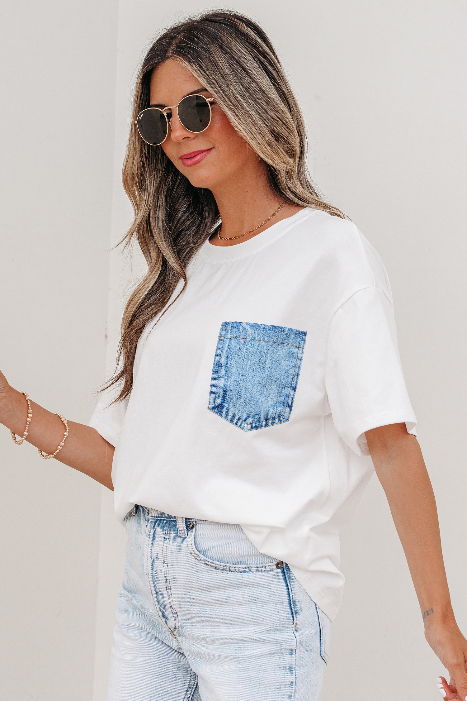 White Color Block Chest Pocket Patched Casual Short Sleeve Top view 10