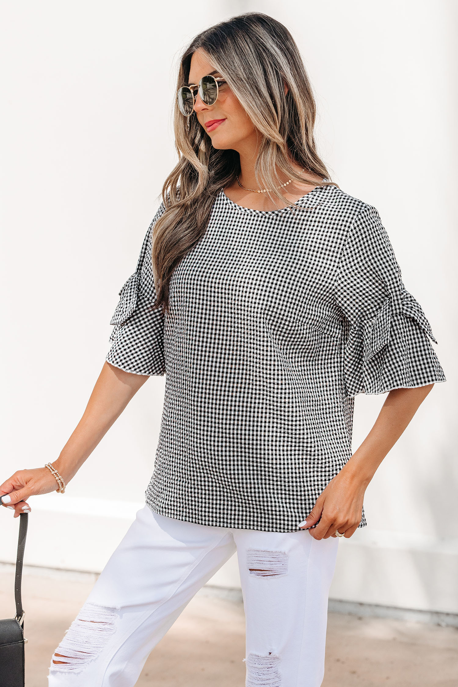 Black Plaid Bow Ruffled Half Sleeve Round Neck Blouse view 3