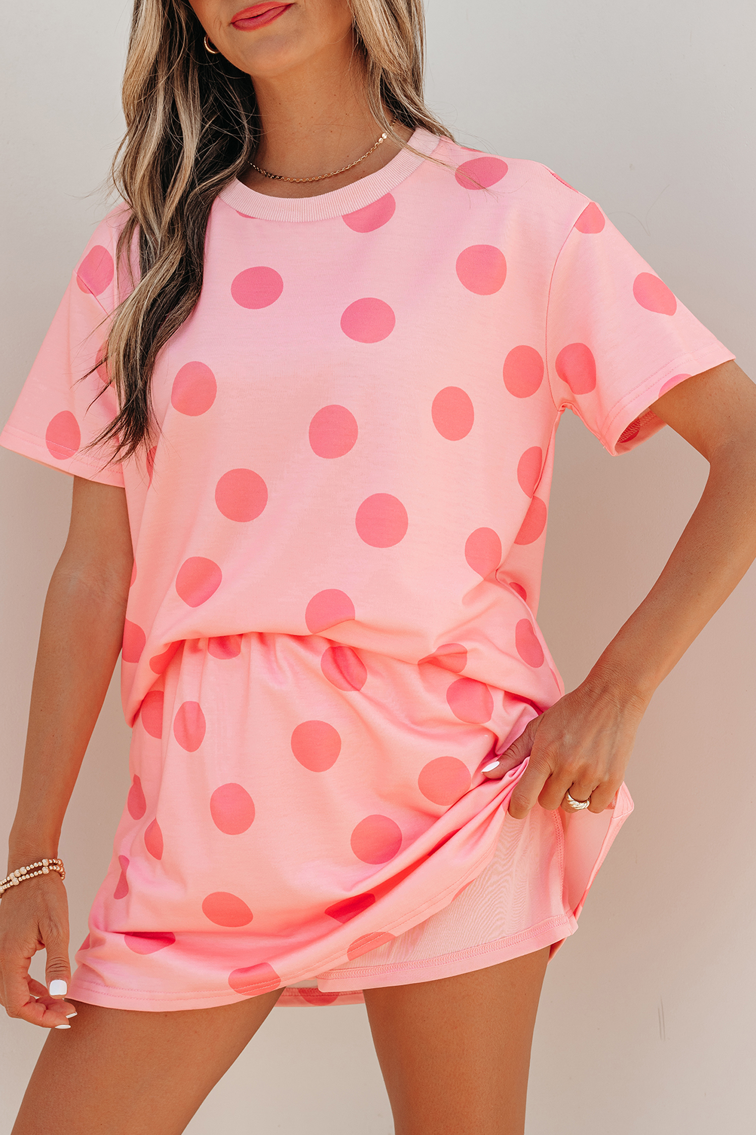 Pink Polka Dot Short Sleeve Top Casual Skort 2pcs Outfit view 6