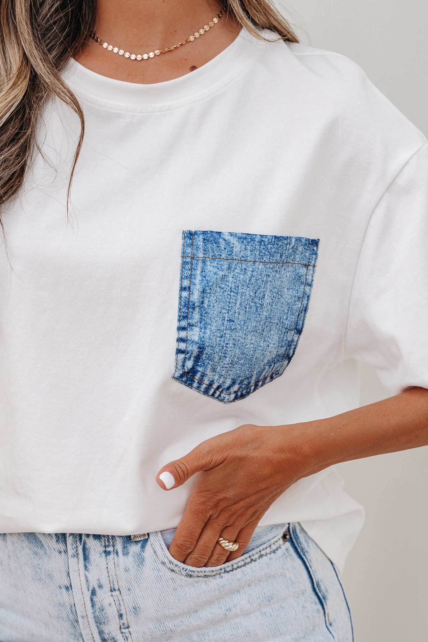 White Color Block Chest Pocket Patched Casual Short Sleeve Top view 12