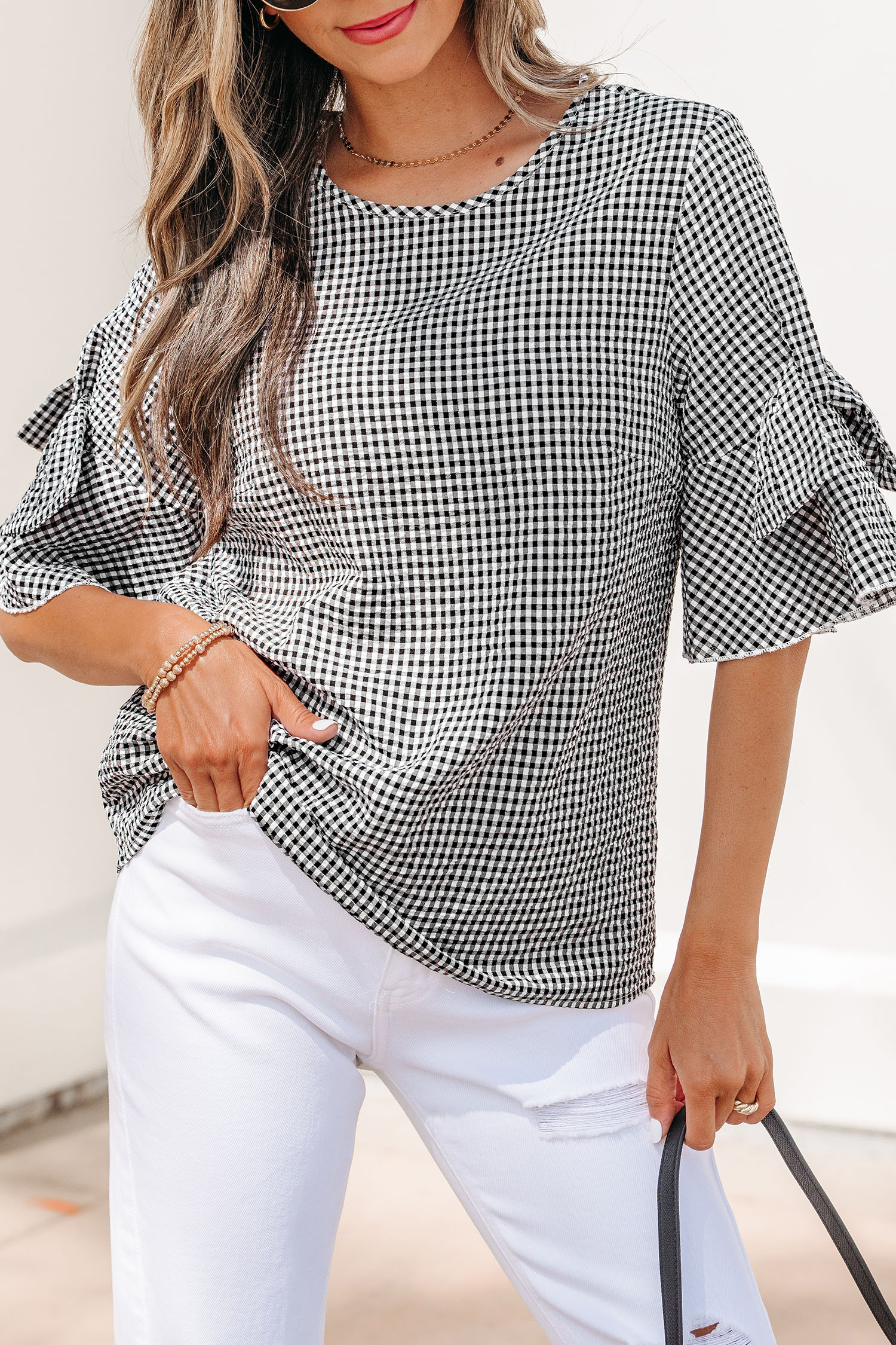Black Plaid Bow Ruffled Half Sleeve Round Neck Blouse view 6