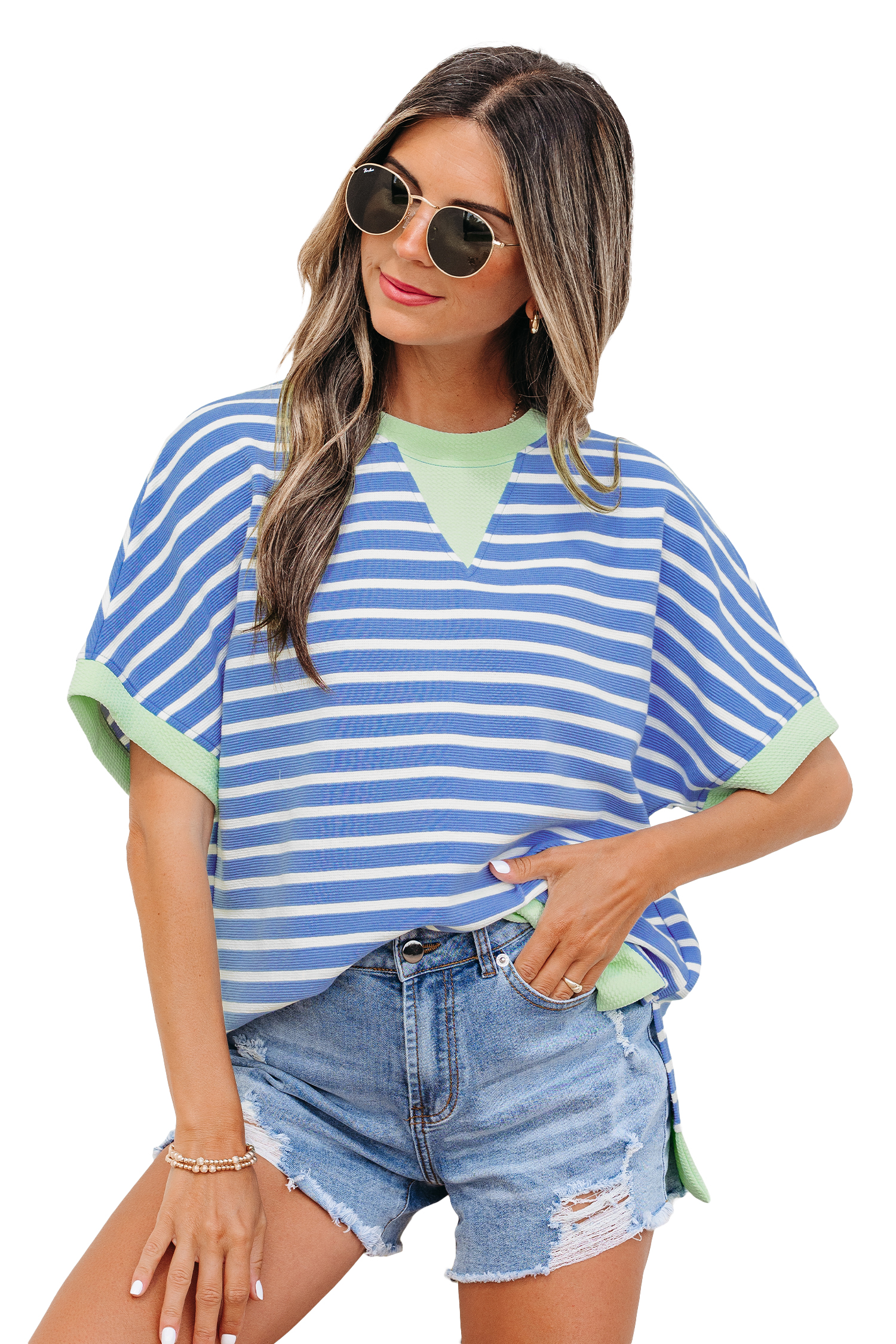 Sky Blue Stripe Contrast Trim Loose Short Sleeve Top view 20