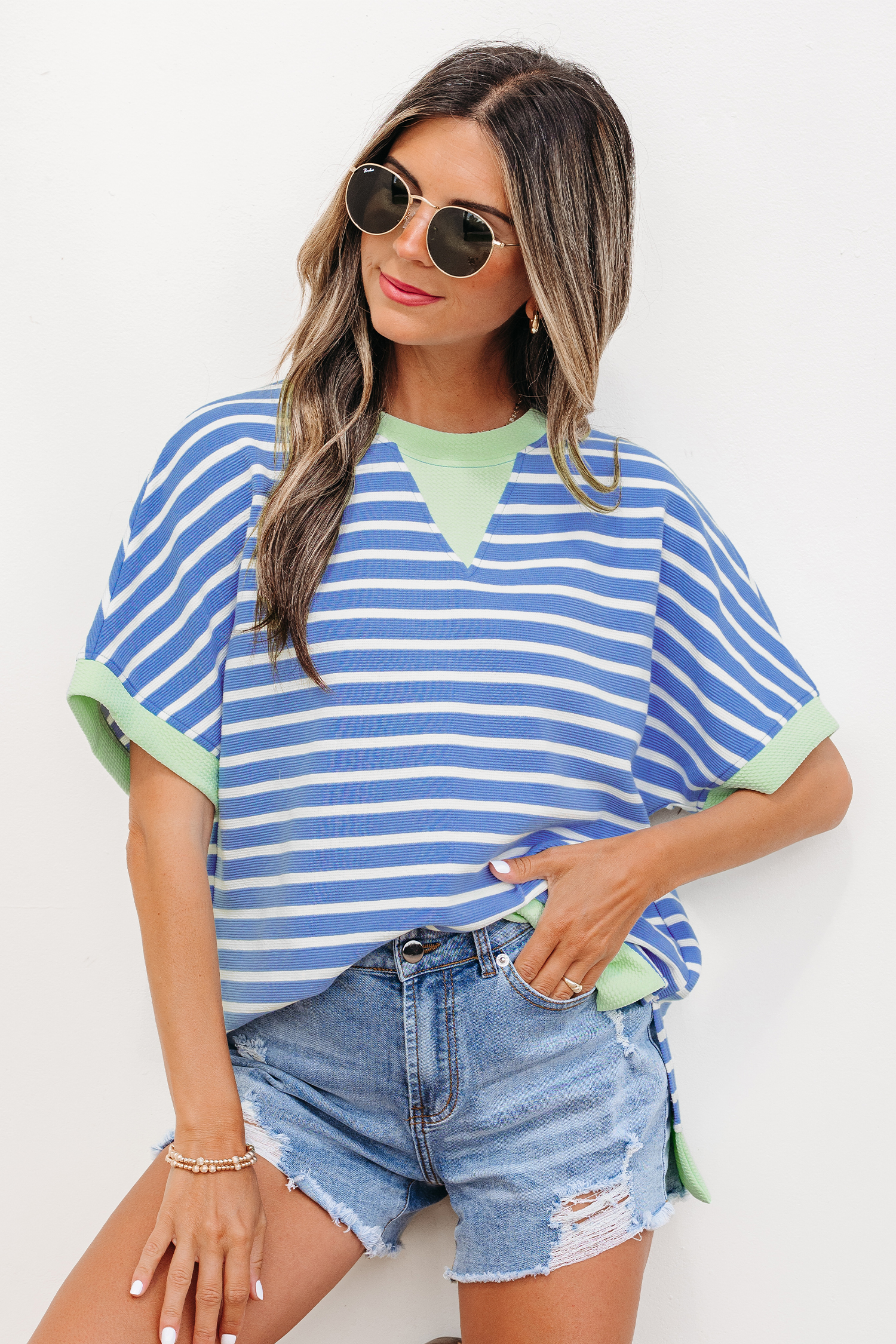 Sky Blue Stripe Contrast Trim Loose Short Sleeve Top view 3
