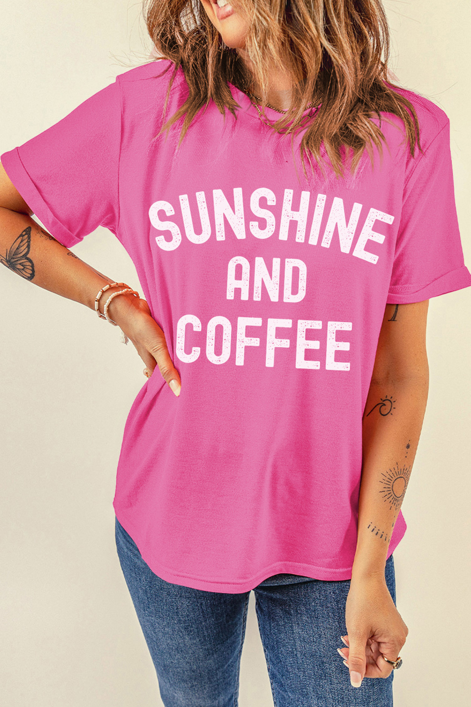 Sachet Pink SUNSHINE AND COFFEE Summer Beachwear Graphic Tee
