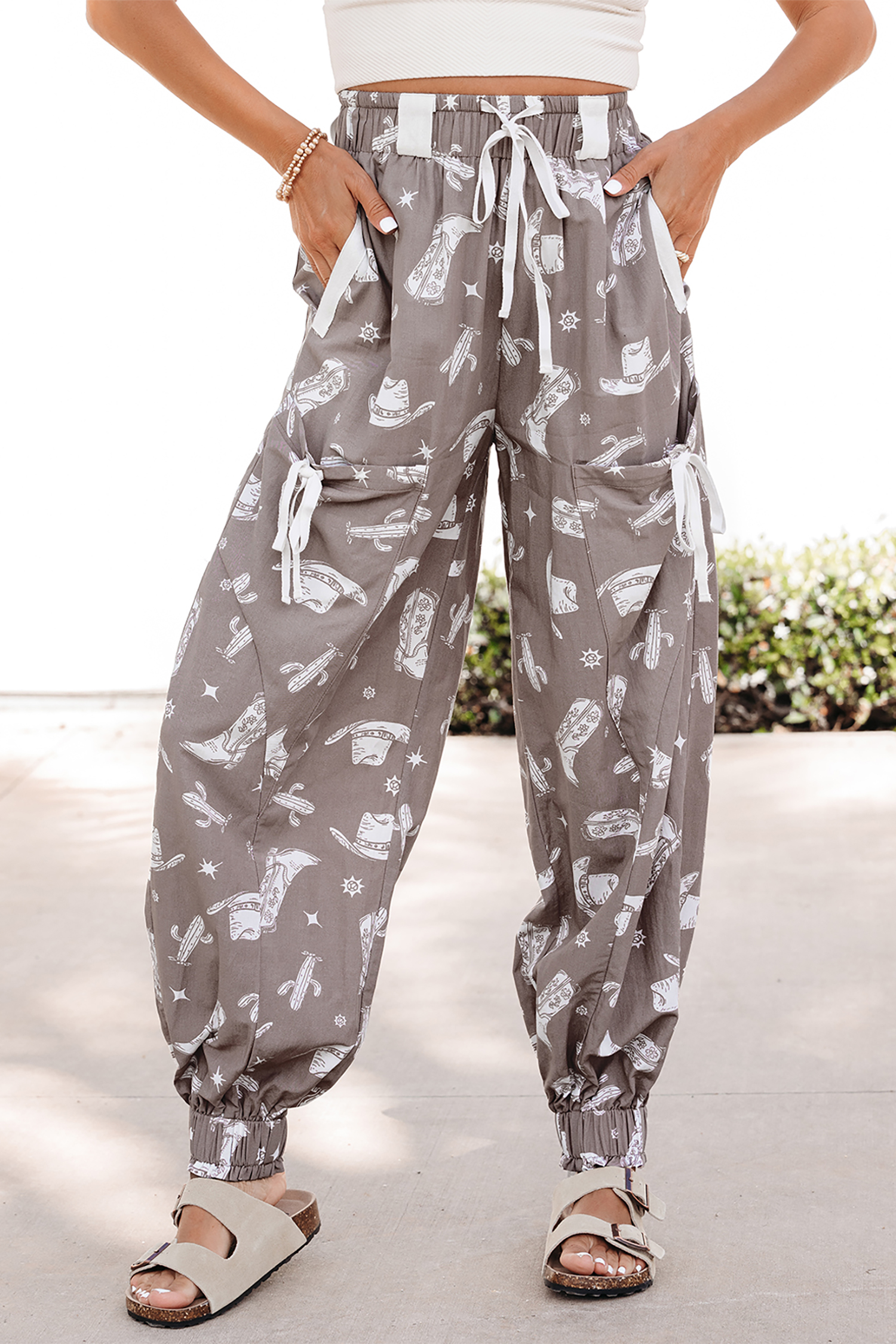 Khaki Western Cactus Cowgirl Hat Boot Printed Vintage Drawstring Jogger Pants view 6