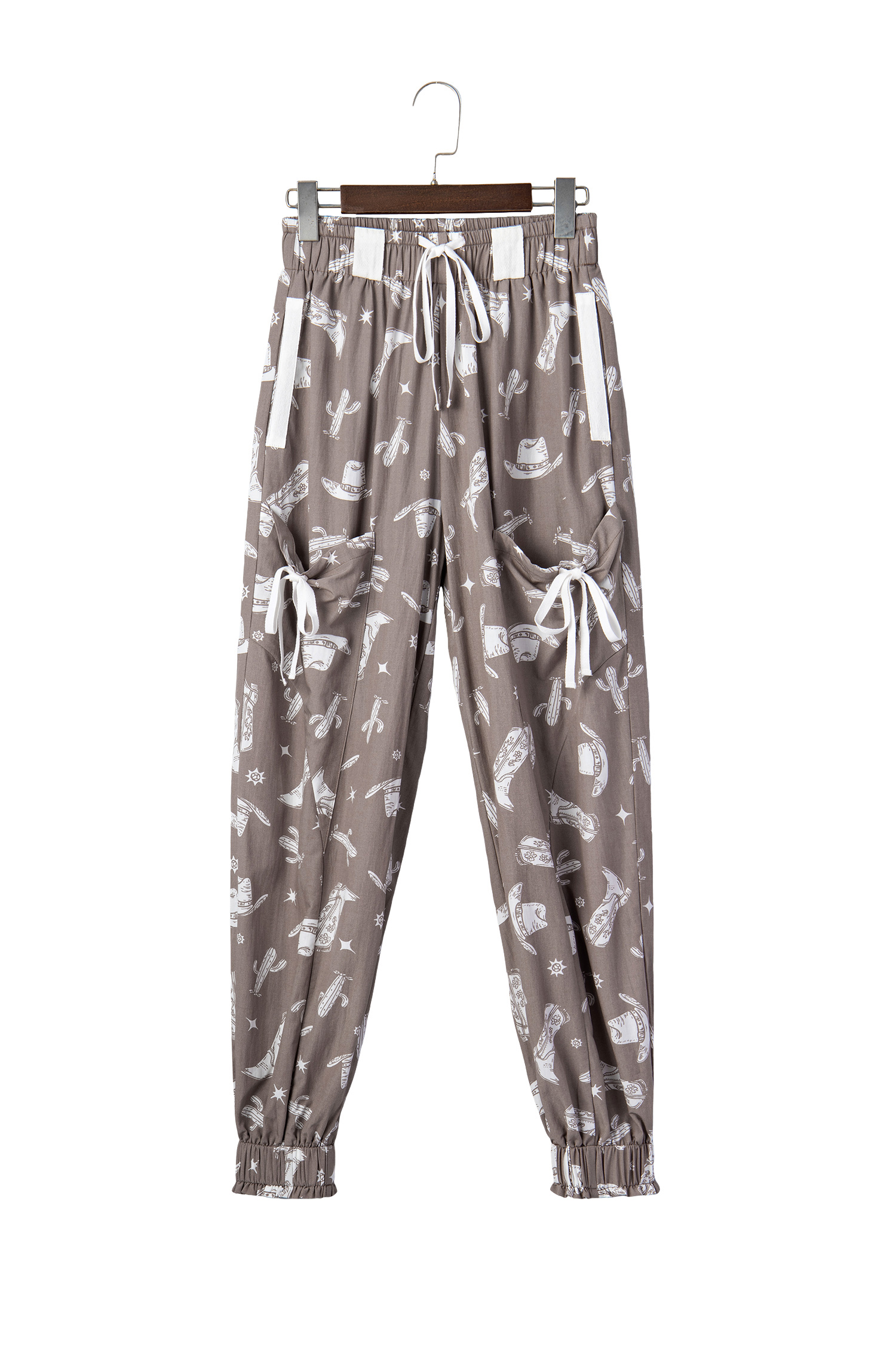 Khaki Western Cactus Cowgirl Hat Boot Printed Vintage Drawstring Jogger Pants view 21