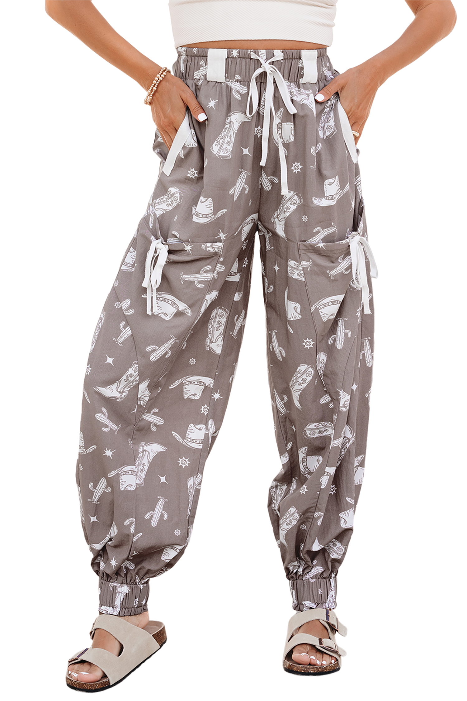 Khaki Western Cactus Cowgirl Hat Boot Printed Vintage Drawstring Jogger Pants view 20