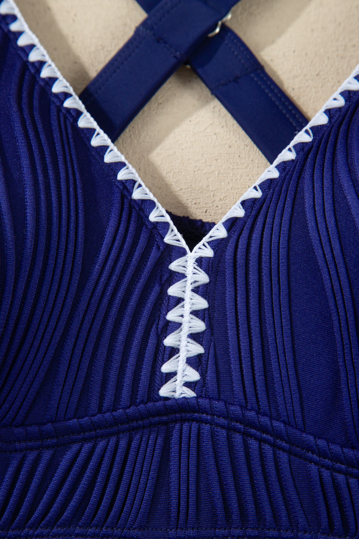Navy Blue Shell Stitched Trim V Neck Textured Mix and Match High Waist Bikinis view 10