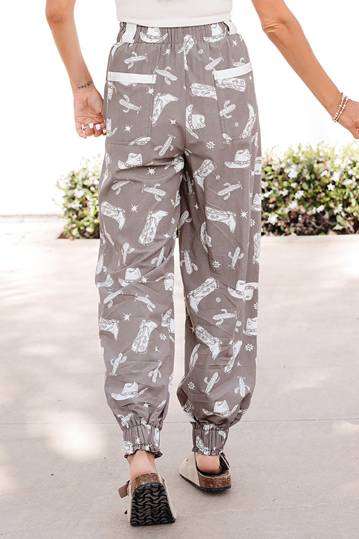 Khaki Western Cactus Cowgirl Hat Boot Printed Vintage Drawstring Jogger Pants view 3