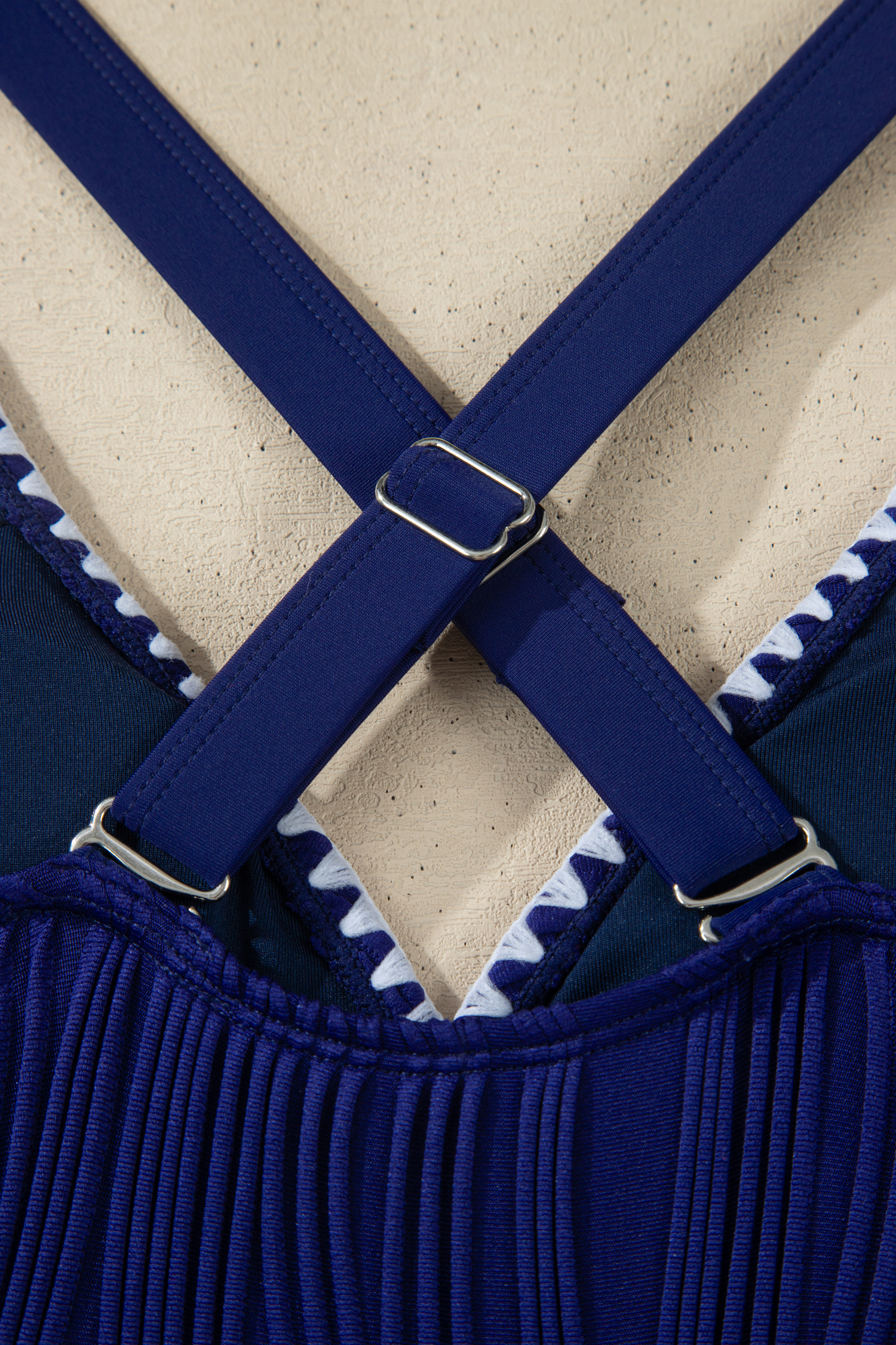 Navy Blue Shell Stitched Trim V Neck Textured Mix and Match High Waist Bikinis view 14