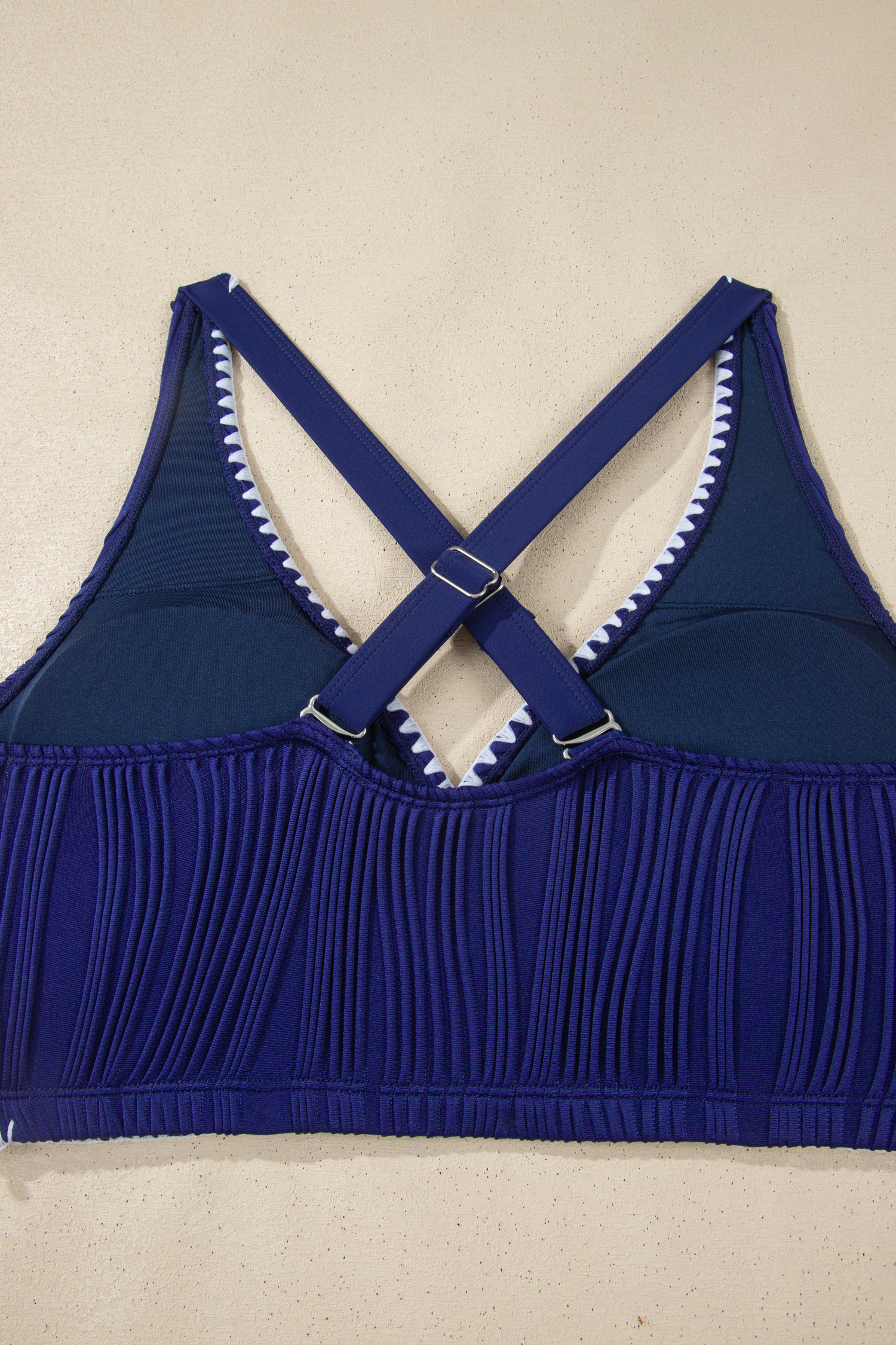 Navy Blue Shell Stitched Trim V Neck Textured Mix and Match High Waist Bikinis view 13