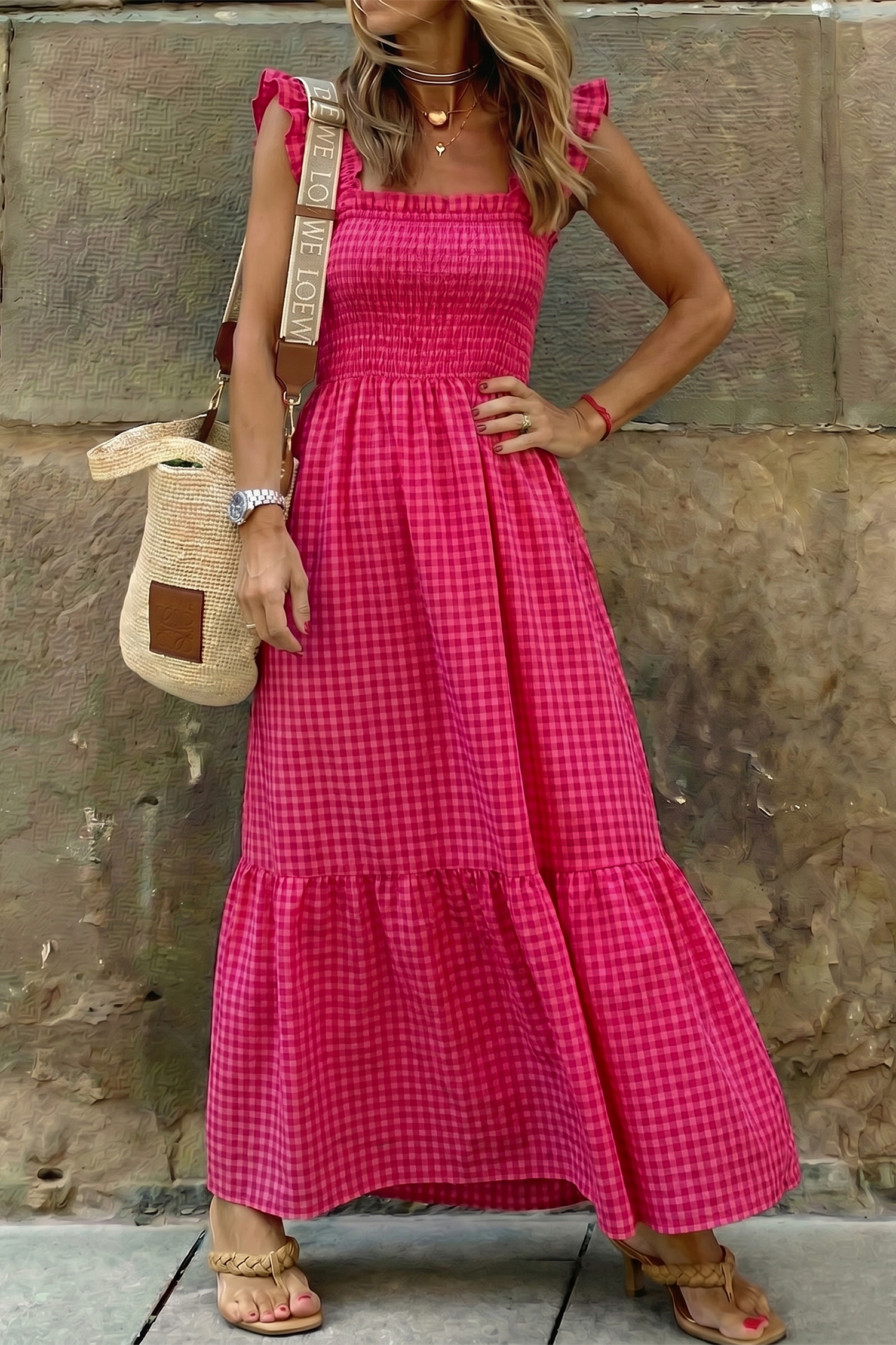 Red Plaid Square Neck Fit-and-flared Vacation Sundress view 11