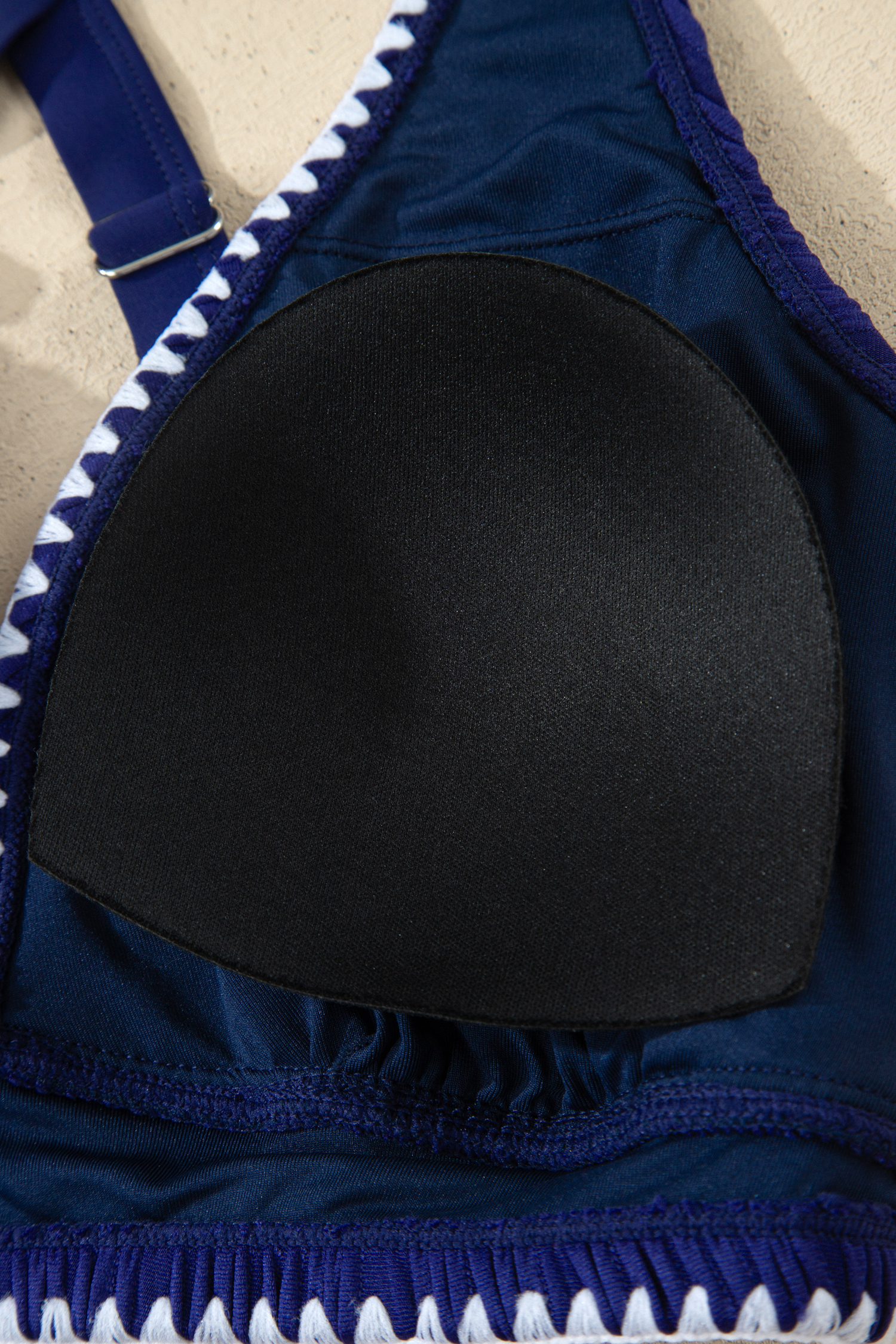 Navy Blue Shell Stitched Trim V Neck Textured Mix and Match High Waist Bikinis view 17