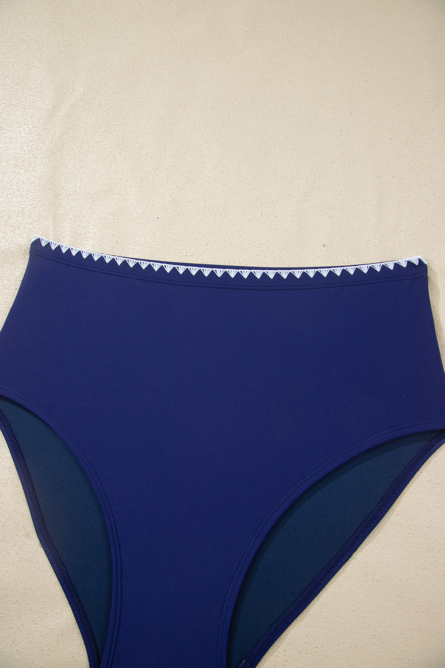 Navy Blue Shell Stitched Trim V Neck Textured Mix and Match High Waist Bikinis view 11