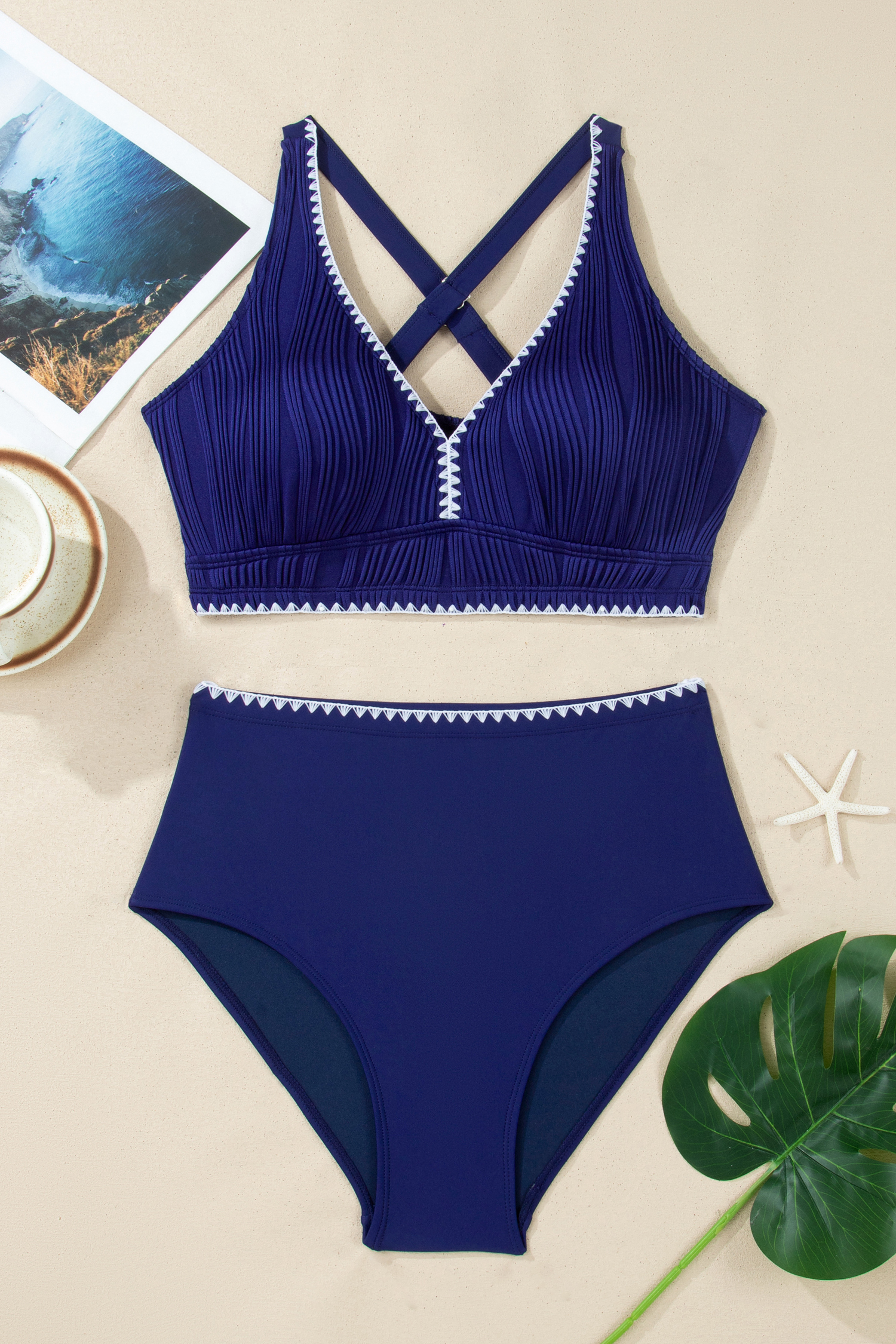 Navy Blue Shell Stitched Trim V Neck Textured Mix and Match High Waist Bikinis view 7