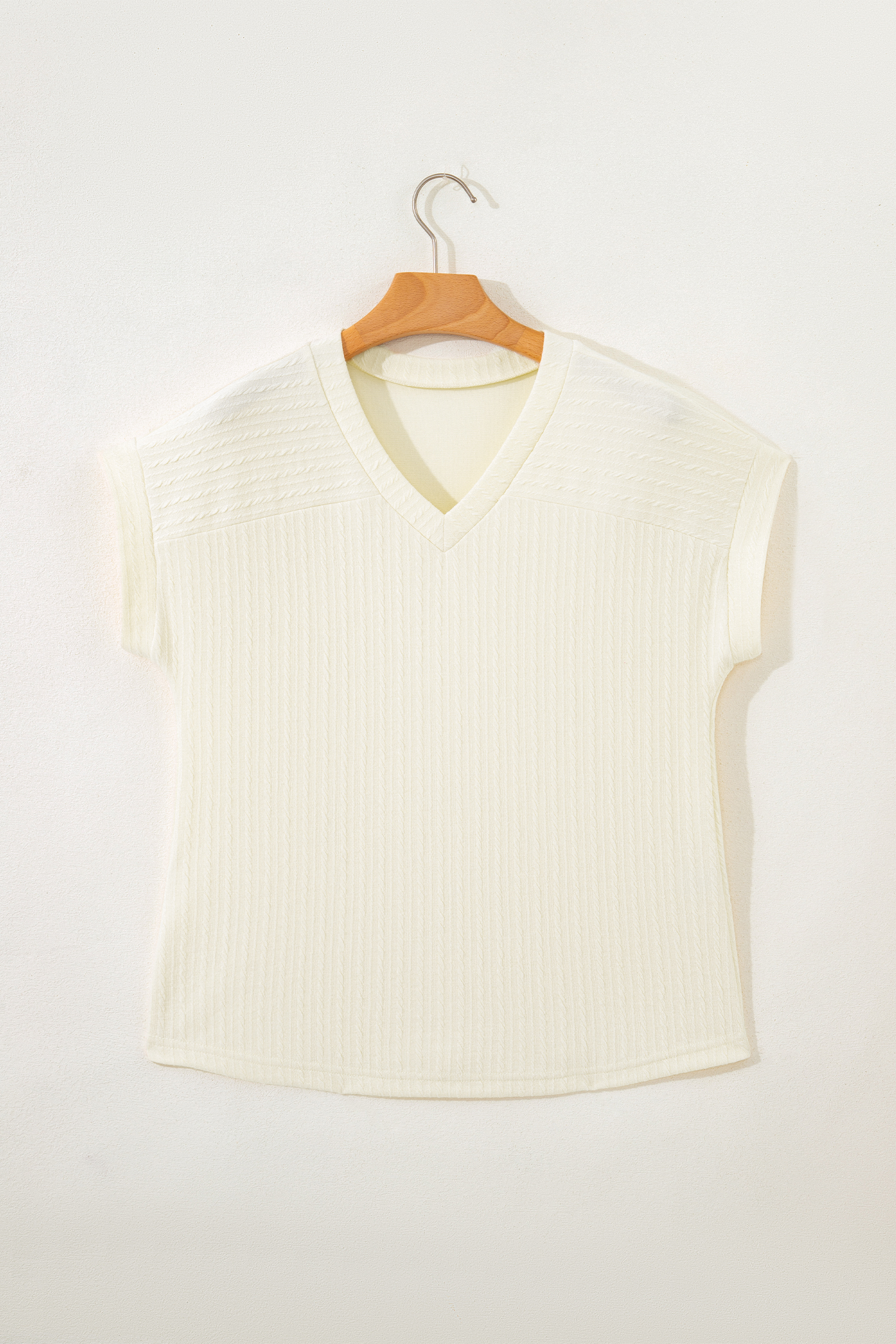Beige Twisted Texture Knit V Neck T Shirt view 6