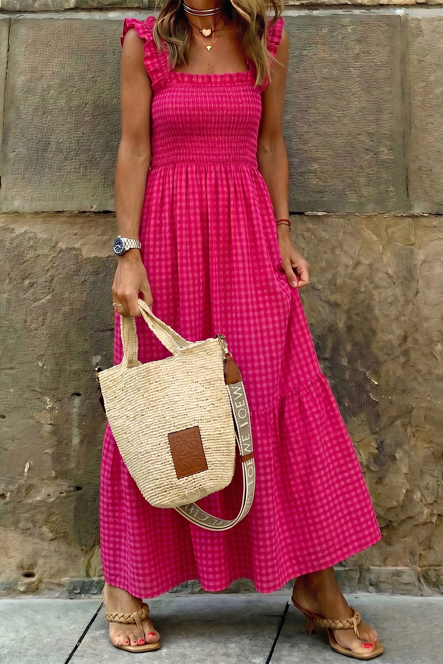 Red Plaid Square Neck Fit-and-flared Vacation Sundress view 10