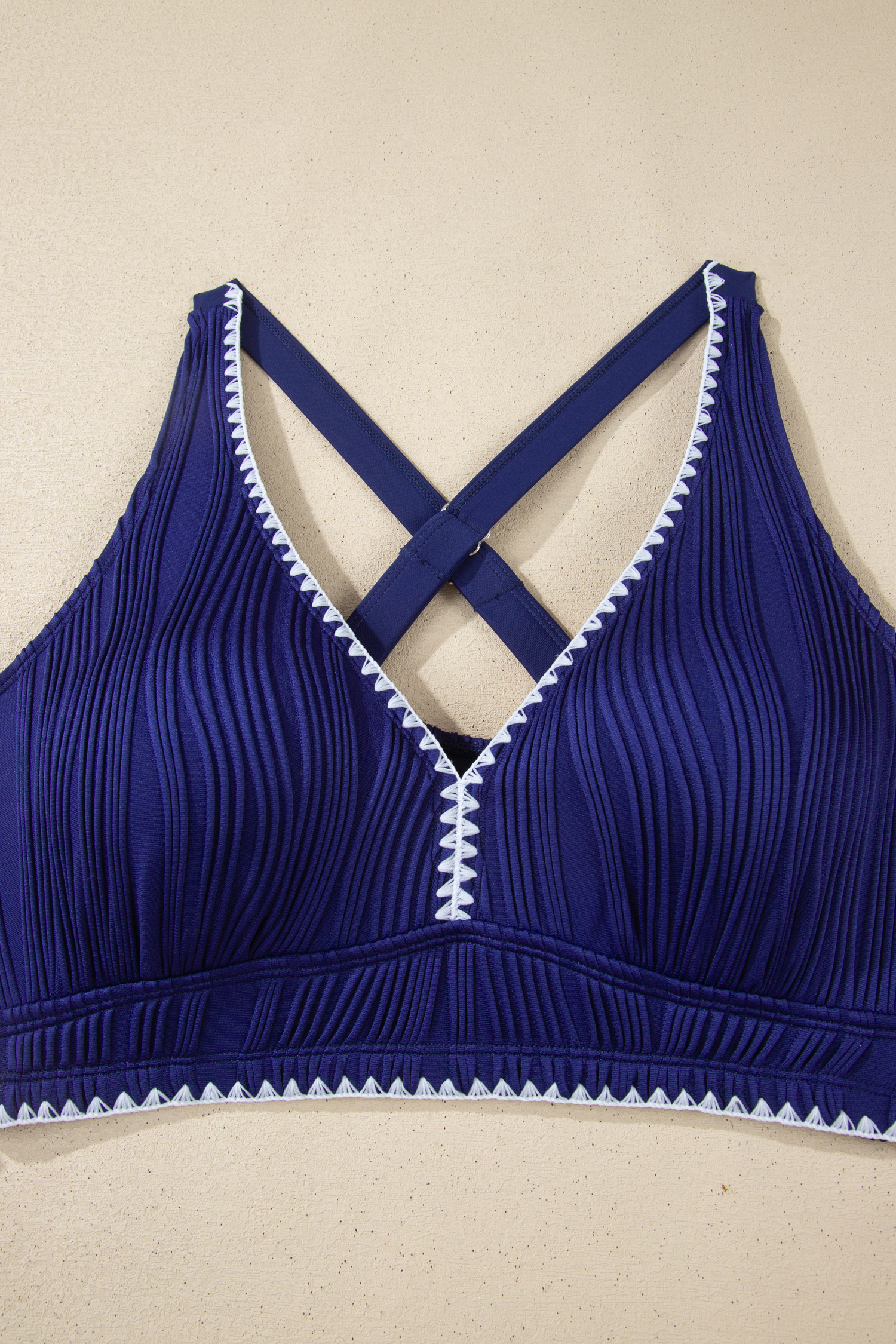 Navy Blue Shell Stitched Trim V Neck Textured Mix and Match High Waist Bikinis view 9