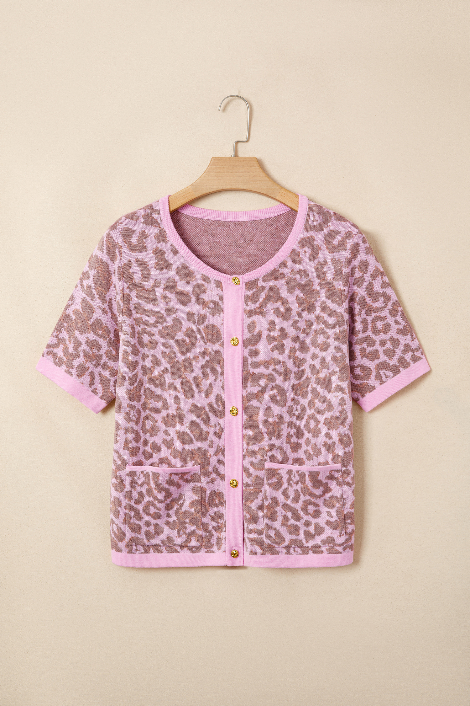Pink Leopard Button Down Short Sleeve Sweater Cardigan view 12
