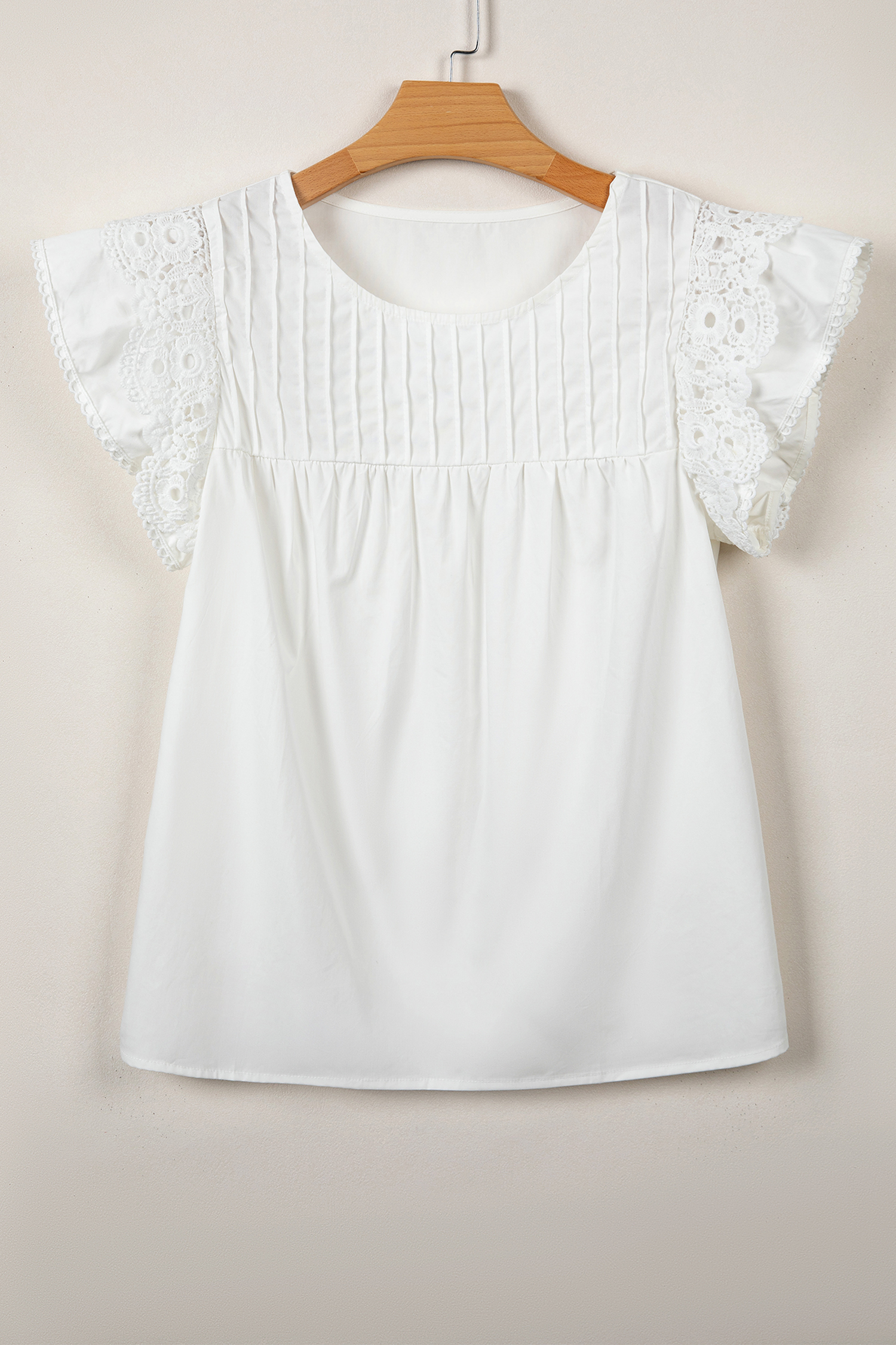 White Lace Detail Flutter Sleeve Pleated Round Neck Blouse view 7