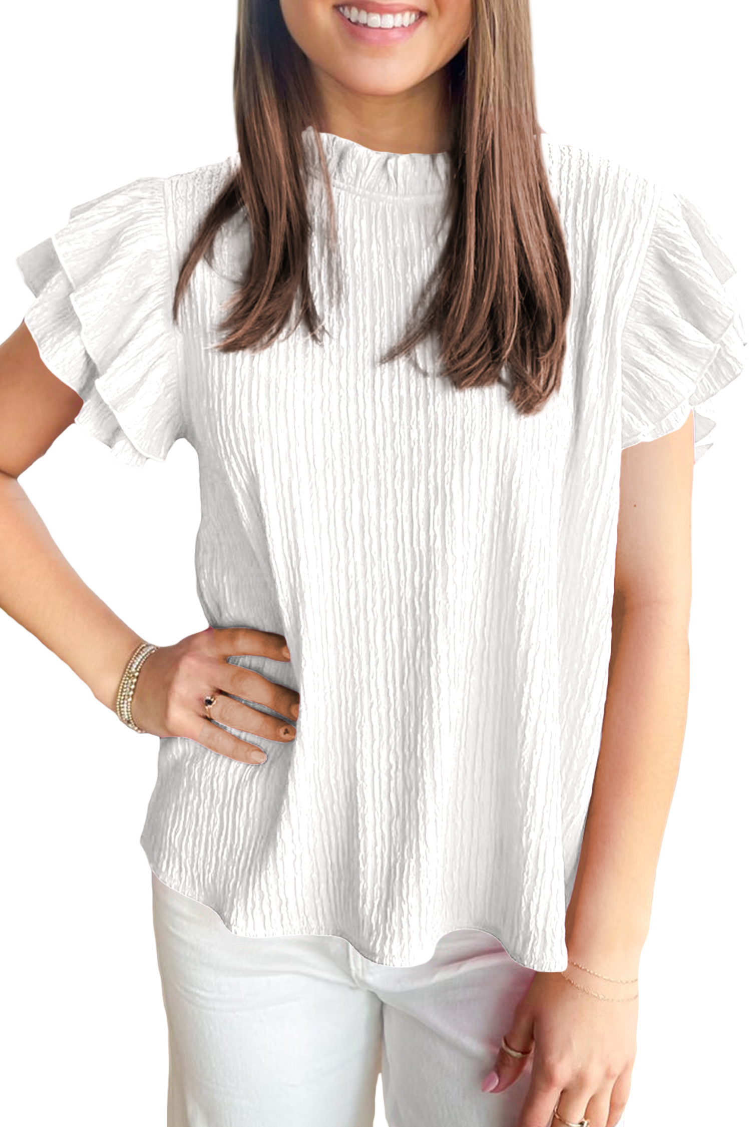 White Solid Color Textured Ruffle Trim Short Sleeve Blouse view 11