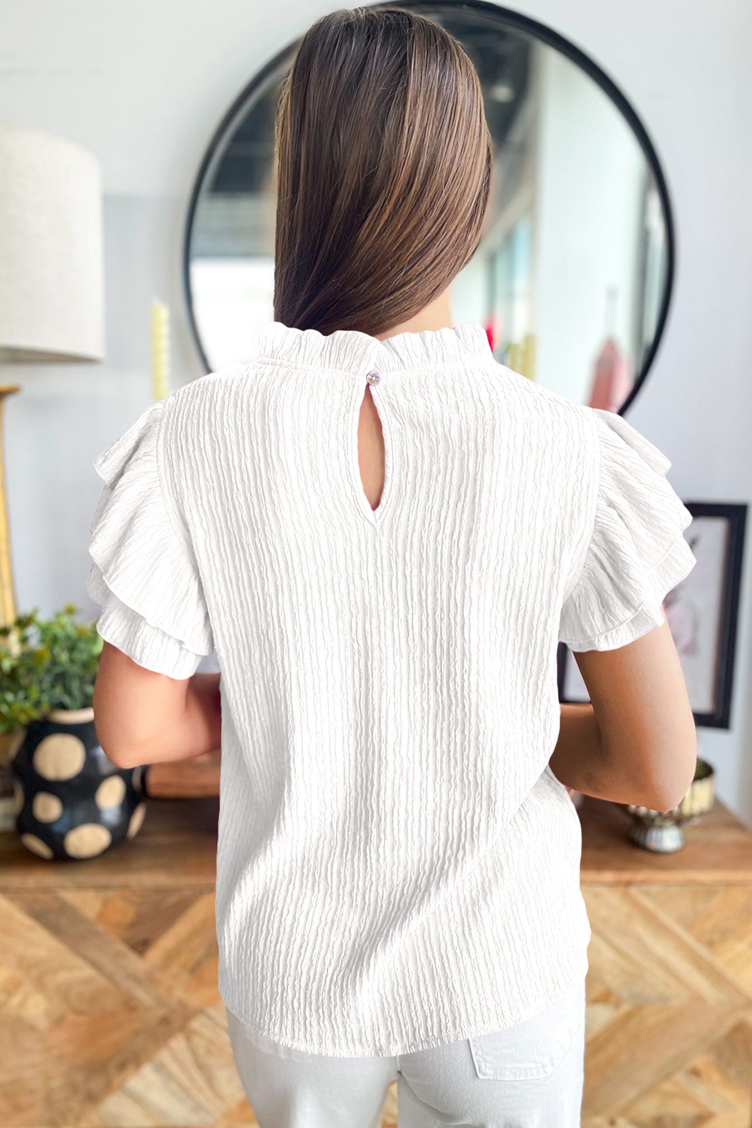 White Solid Color Textured Ruffle Trim Short Sleeve Blouse view 2