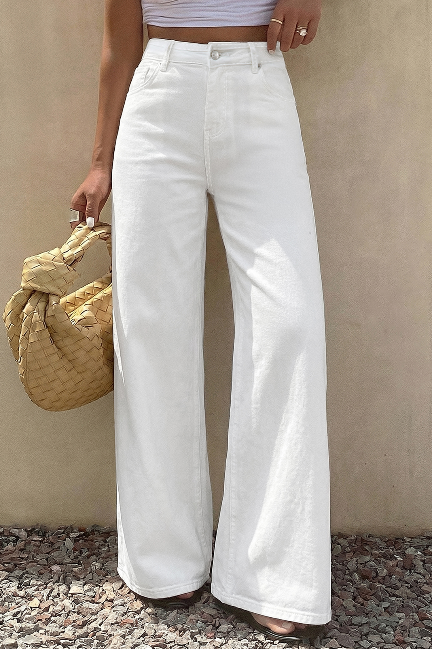 White Solid Color Loose Casual Jeans view 5