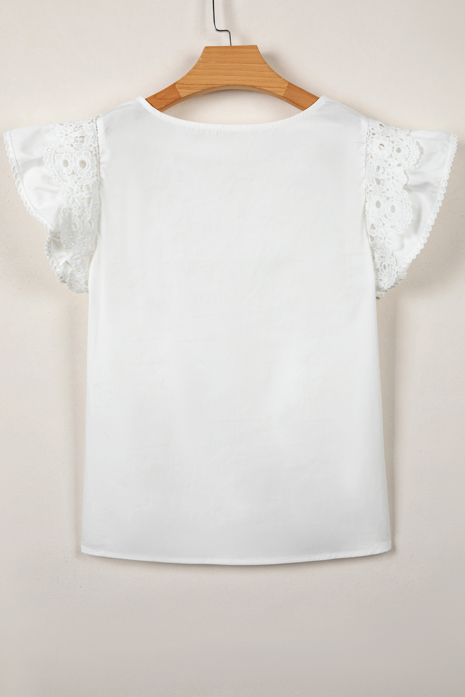 White Lace Detail Flutter Sleeve Pleated Round Neck Blouse view 8